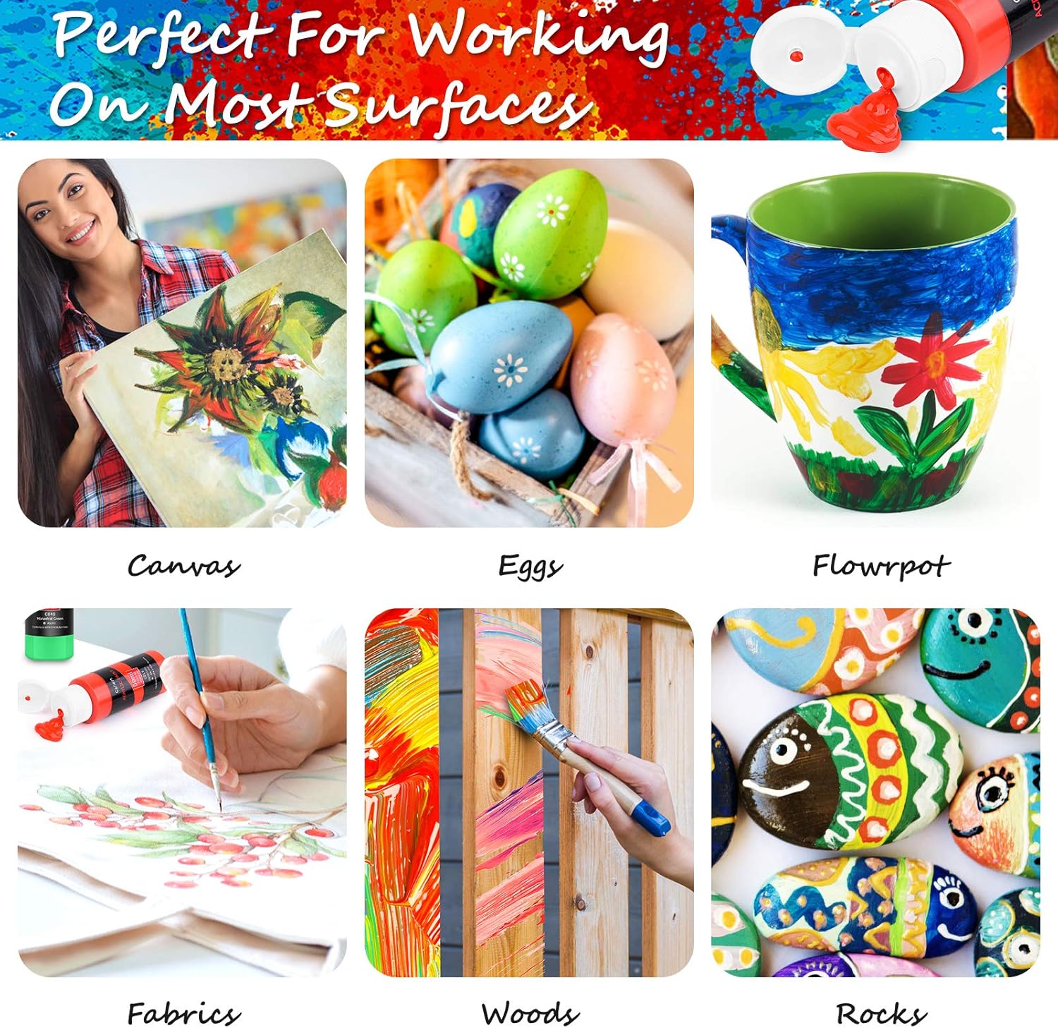 Caliart 24 Colors Acrylic Paint Set with 12 Brushes, Easter Basket Stuffers for Teens, Art Craft Paints Gifts Trendy Stuff for Artists Kids Teen, Canvas Ceramic Rock Eggs Painting Kit Art Supplies - Image 6