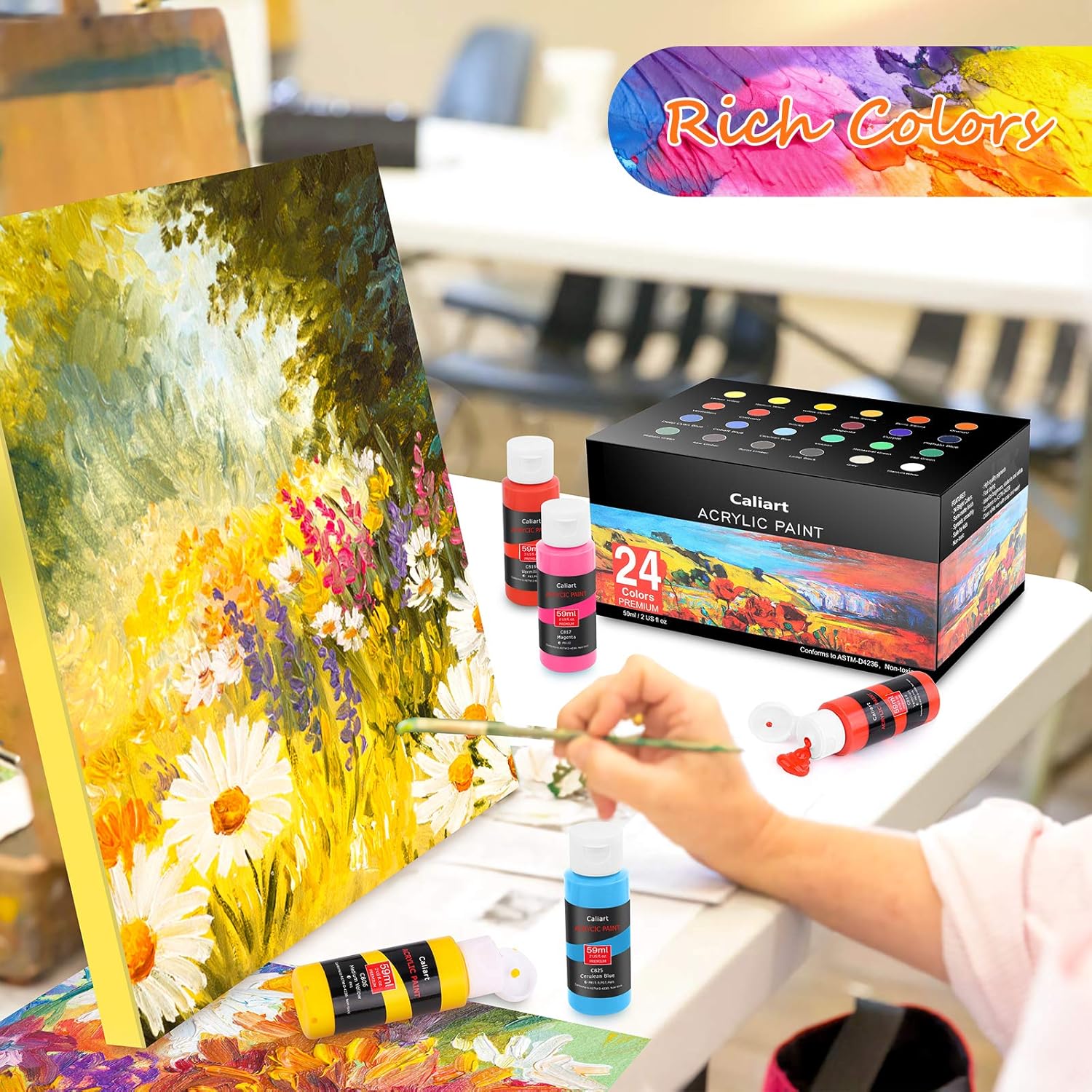 Caliart 24 Colors Acrylic Paint Set with 12 Brushes, Easter Basket Stuffers for Teens, Art Craft Paints Gifts Trendy Stuff for Artists Kids Teen, Canvas Ceramic Rock Eggs Painting Kit Art Supplies - Image 5