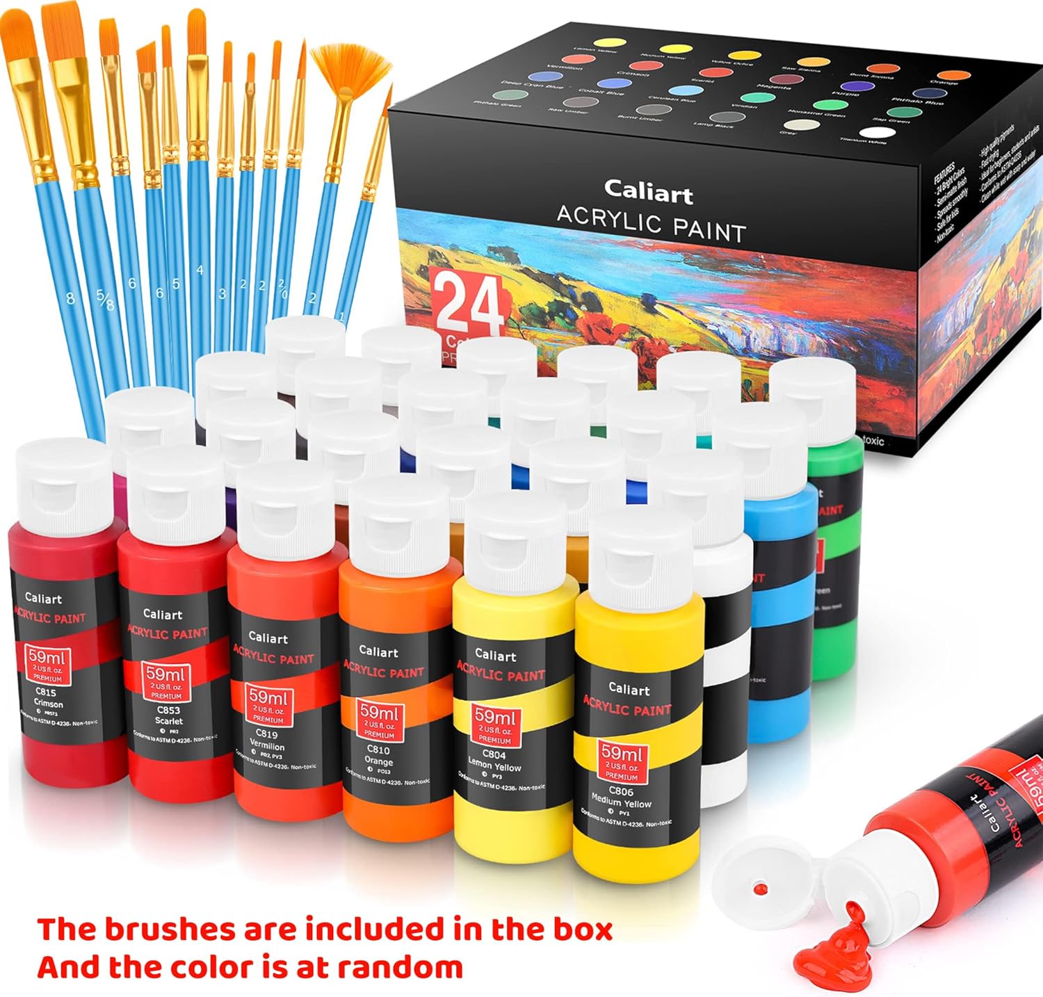 Caliart 24 Colors Acrylic Paint Set with 12 Brushes, Easter Basket Stuffers for Teens, Art Craft Paints Gifts Trendy Stuff for Artists Kids Teen, Canvas Ceramic Rock Eggs Painting Kit Art Supplies - Image 2