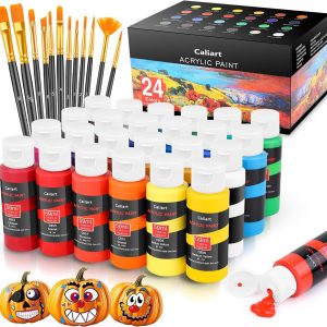Caliart 24 Colors Acrylic Paint Set with 12 Brushes, Easter Basket Stuffers for Teens, Art Craft Paints Gifts Trendy Stuff for Artists Kids Teen, Canvas Ceramic Rock Eggs Painting Kit Art Supplies