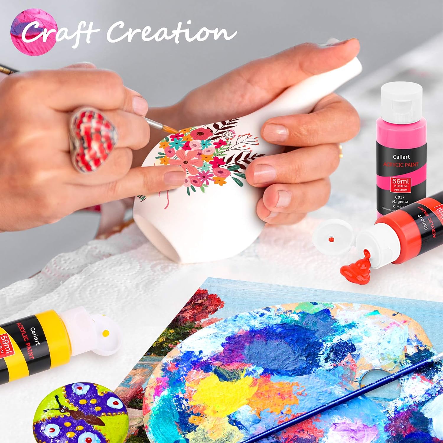 Caliart 24 Colors Acrylic Paint Set with 12 Brushes, Easter Basket Stuffers for Teens, Art Craft Paints Gifts Trendy Stuff for Artists Kids Teen, Canvas Ceramic Rock Eggs Painting Kit Art Supplies - Image 8
