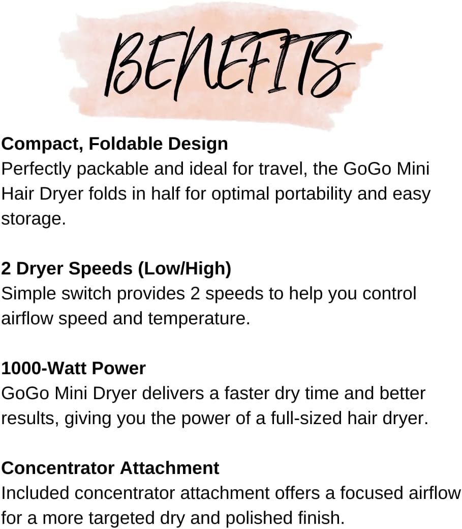 CALISTA GoGo Mini Hair Dryer | Dry and Style Hair with Mini, Foldable Blow Dryer | 1000-Watt Dryer | Includes Concentrator Attachment | Perfect Travel Tool (Blush) - Image 8