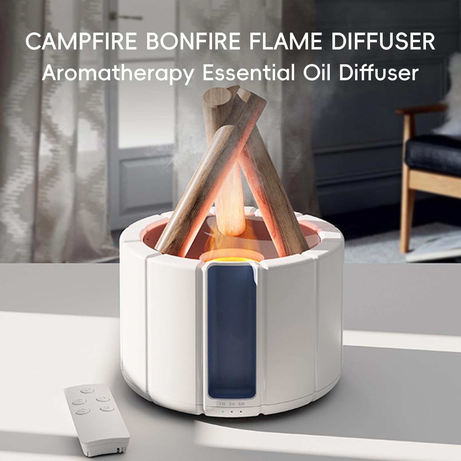 Campfire Flame Fire Diffuser, Bonfire Aromatherapy Essential Oil Diffuser, 250ml Wood Cool Mist Humidifier for Home,Bedroom,Office, Remote Control, Auto Shut-Off, Night Light, Gift (White) - Image 2