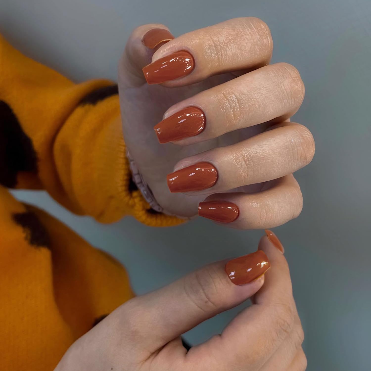 Caramel Short Coffin Press on Nails Medium Coffin Nails Press ons, Glue on Nails Short Fake Nails for Women, Ballerina T Shape Acrylic False Nail Natural Handmade Gel Medium Square Nail - Image 3