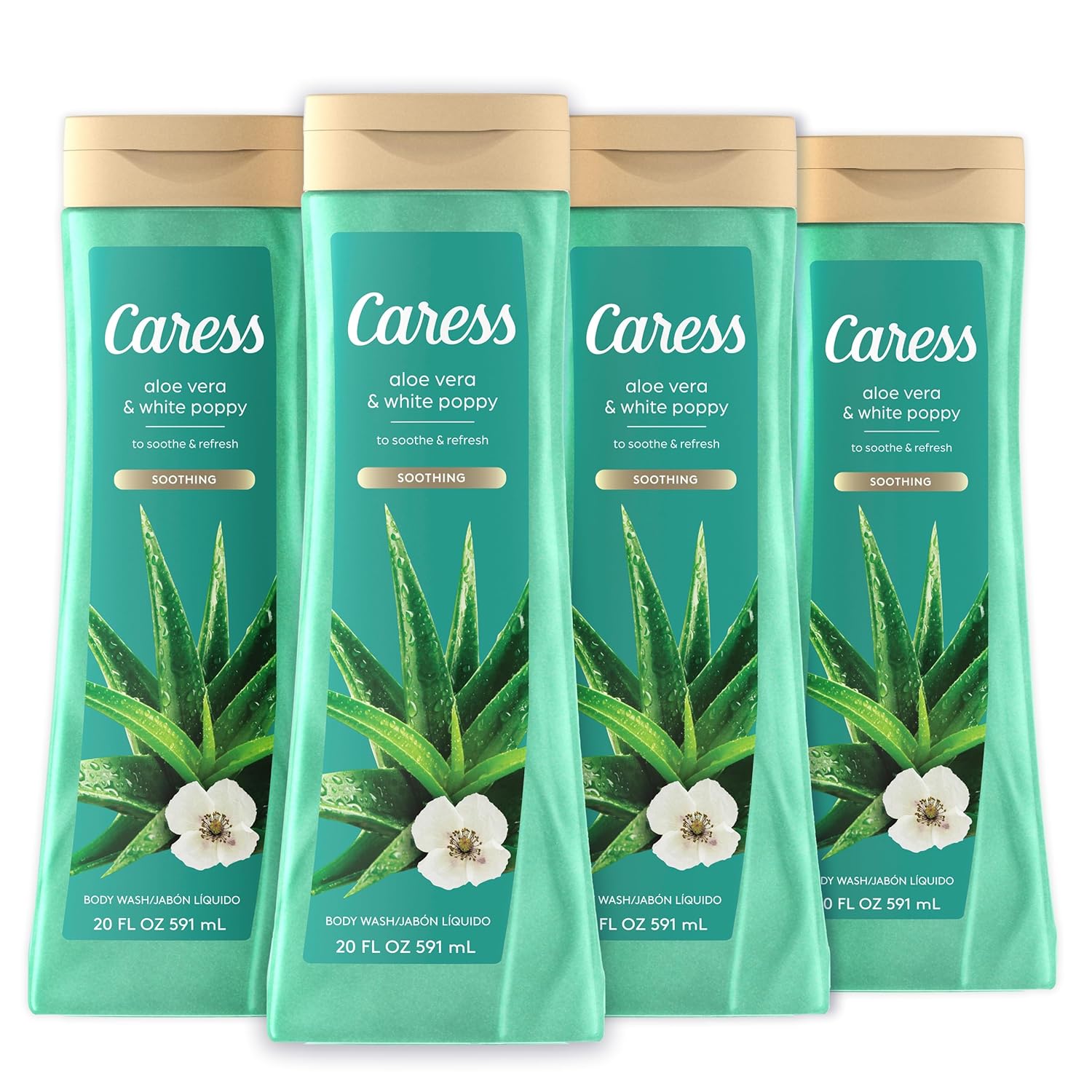 Caress Body Wash for Women, Aloe Vera & White Poppy, Soothing Shower Gel to Soothe and Refresh Skin, 20 fl oz, 4 Pack