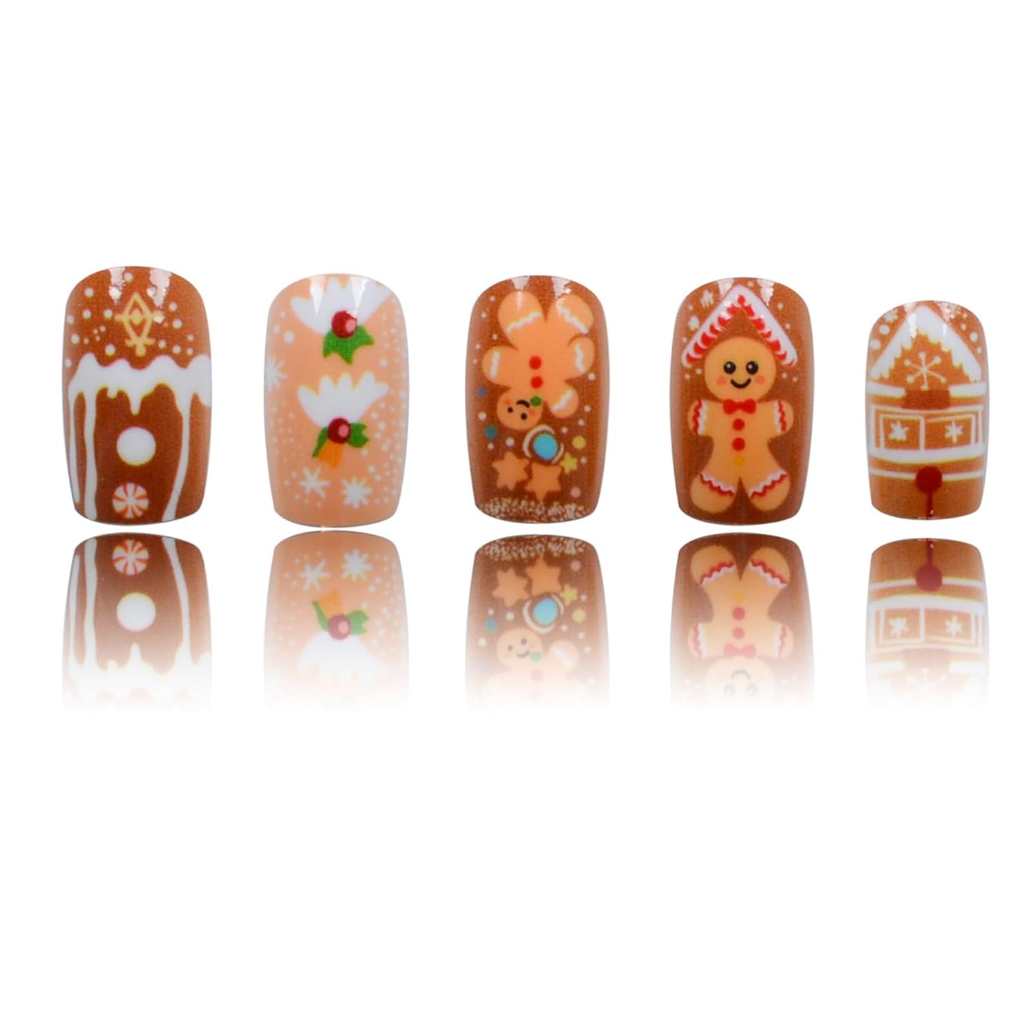 Cartoon Christmas Gingerbread Press on Nails Snowflake Fake Nails 24Pcs Medium Square Glossy Brown Room Acrylic False Nails Xmas Snowing Gel Glue on Nails Cherry Stick on Nails for New Years Gift - Image 4