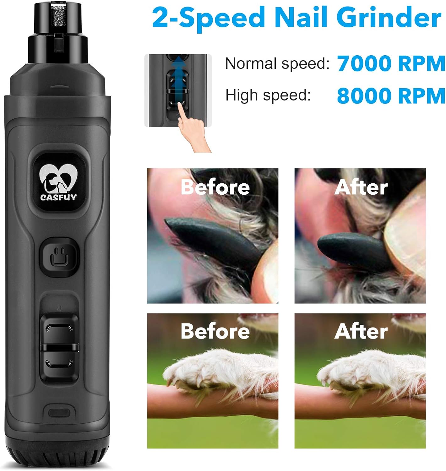 Casfuy Dog Nail Grinder with 2 LED Light - New Version 2-Speed Powerful Electric Pet Nail Trimmer Professional Quiet Painless Paws Grooming & Smoothing for Small Medium Large Dogs and Cats (Grey) - Image 5