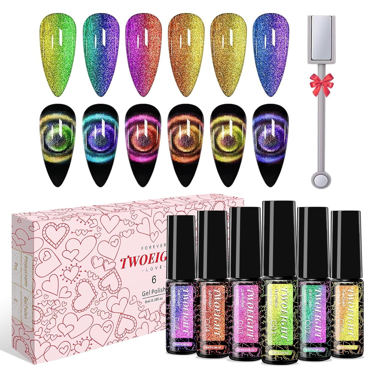 Cat Eye Gel Nail Polish, Magnetic 9D Cat Eye Gel Polish Set, 8ml*6 with 1Magnets, Classic Colors Chameleon Magic Galaxy Effect Soak off Nail Art - Sparkle Stunning Gel Polish Gift for Women