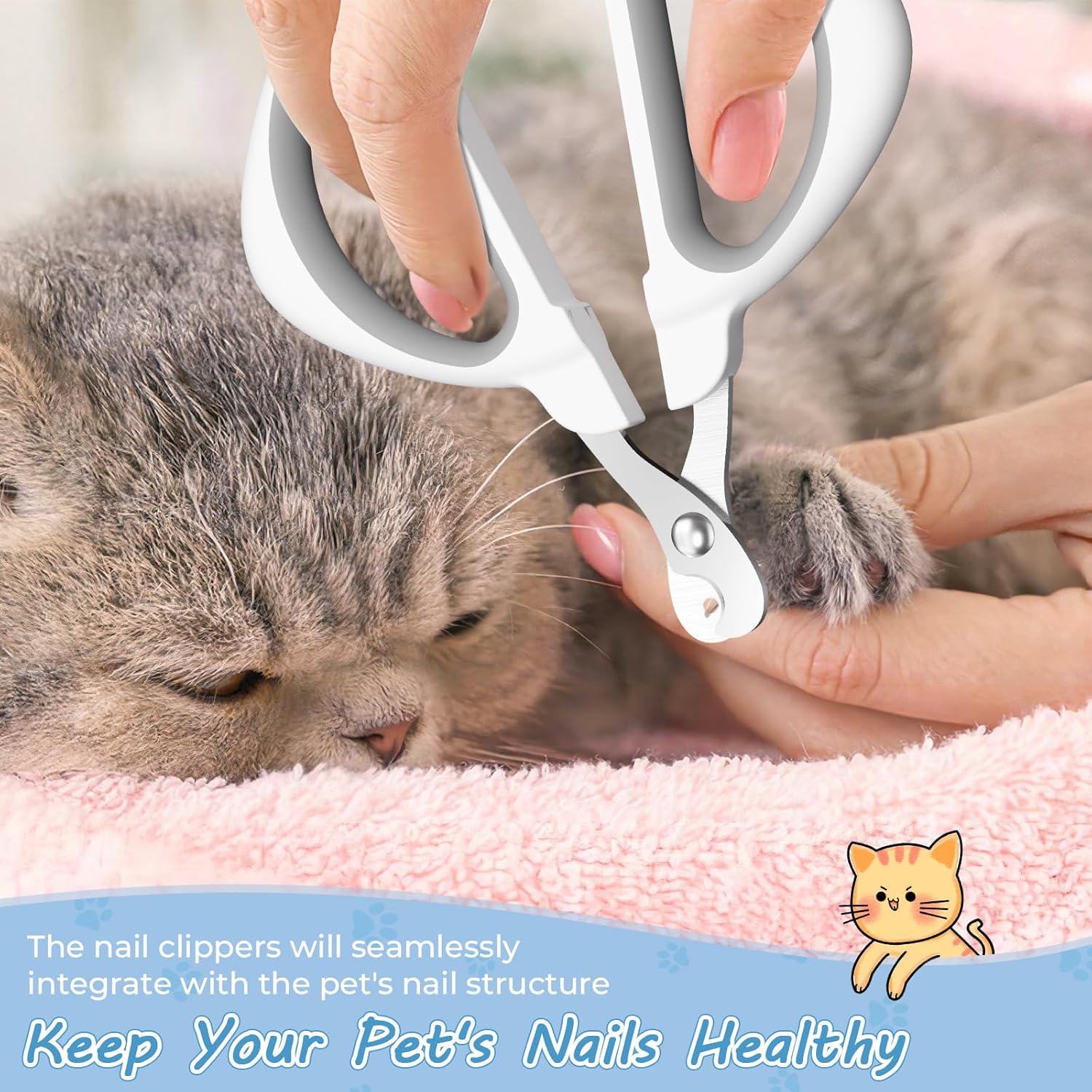 Cat Nail Clipper, Cat Nail Trimmer with Positioning Round Hole, Sharp Non-Slip Handle Cat Claw Clipper, Safe Indoor Cat Nail Clipper, Pet Nail Clipper for Cats, Puppies and More Animals - Grey - Image 6