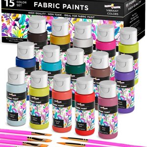 CHALKY CROWN Permanent Fabric Paint for Clothes, 15 Colors for Canvas, Textile, Fabric Paint Set - Child Safe Paint for Fabric with 10 Brushes & Storage Box (60ml each)