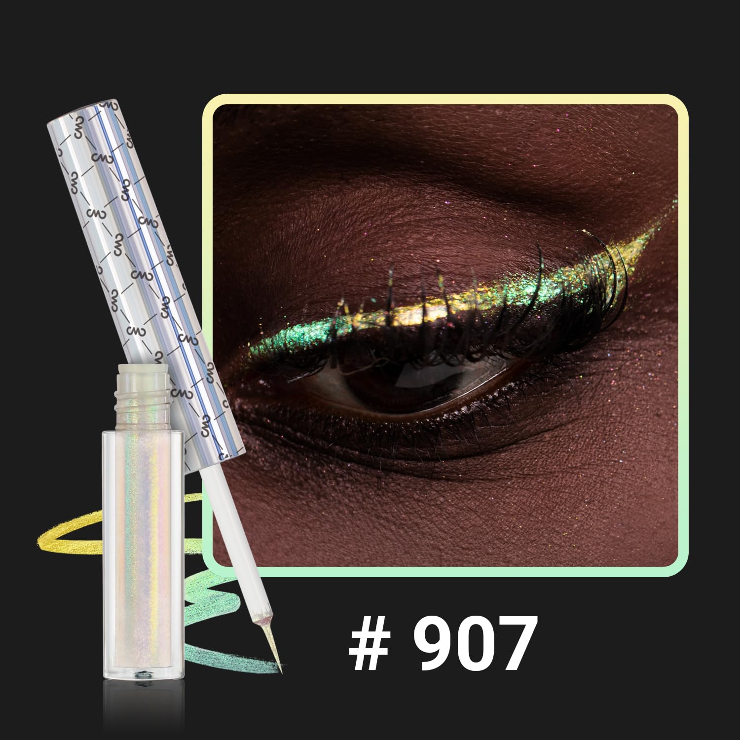 CHARMACY Chameleon Liquid Eyeliner - Intense Shifting Colored, Waterproof, High Pigmented, Smudge Proof Formula, Ultra-Fine Tip, Pale Yellow Gold Glitter 907 - Image 2