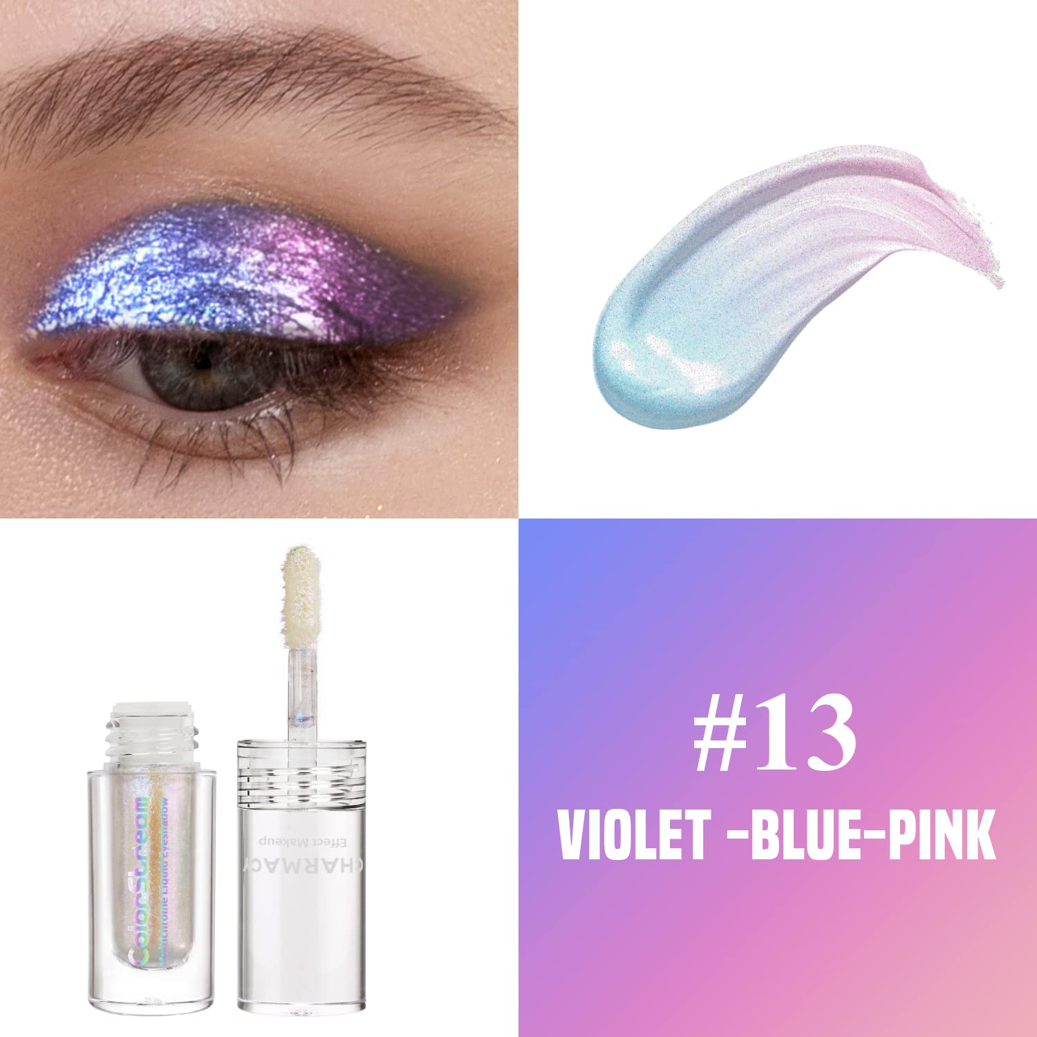 CHARMACY Liquid Duochrome Eyeshadow, Multi-Dimensional Eye Looks, Long Lasting Glitter Eye Shadow Sets Metallic Pigments, Quick Drying, Sparkling Shiny Eye Makeup for Beginners, 1.6g (#13) - Image 2