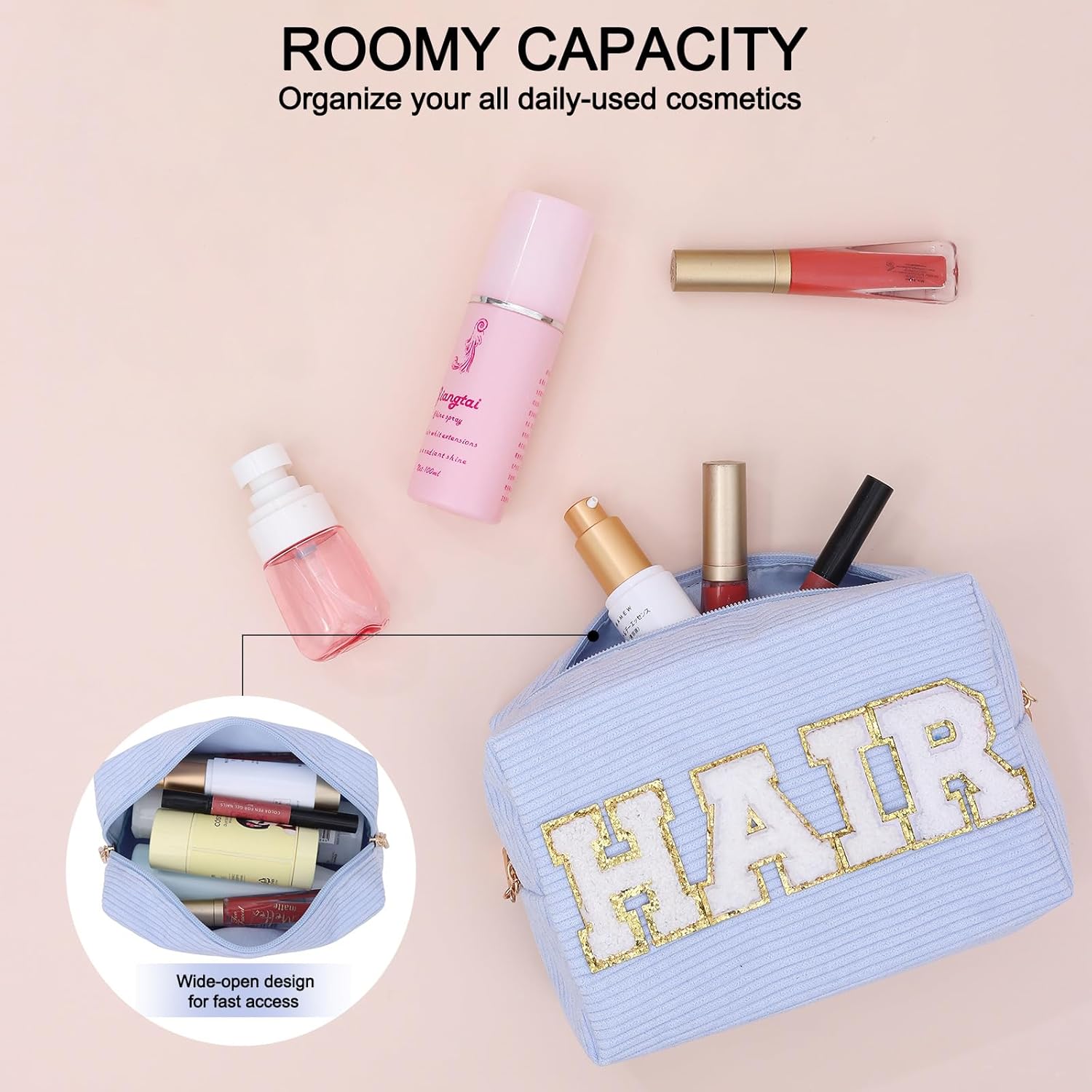 Chenille Glitter Letter Patch Corduroy Cosmetic Bag, Travel Preppy Makeup Bag with Metal Zipper Large Portable Corduroy Pouch with Patch Cute Letters Toiletry Bag for Women (HAIR-Blue) - Image 5