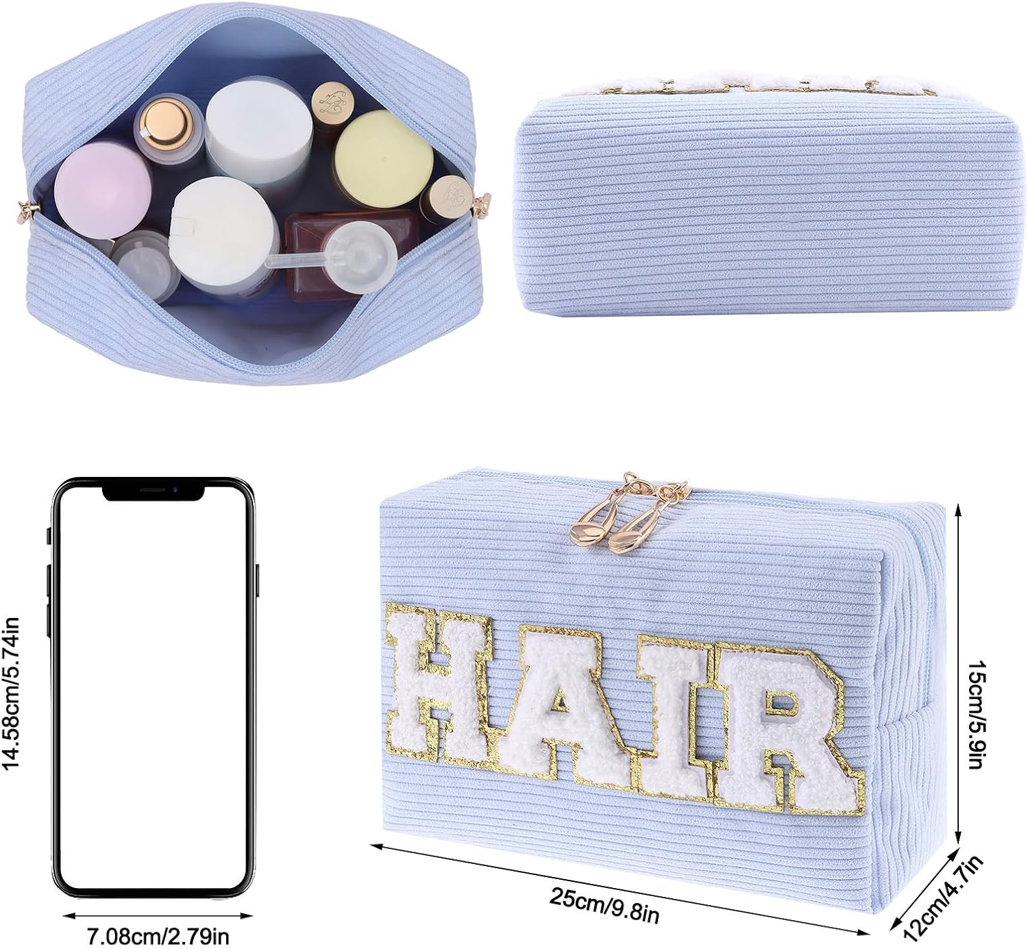 Chenille Glitter Letter Patch Corduroy Cosmetic Bag, Travel Preppy Makeup Bag with Metal Zipper Large Portable Corduroy Pouch with Patch Cute Letters Toiletry Bag for Women (HAIR-Blue) - Image 4