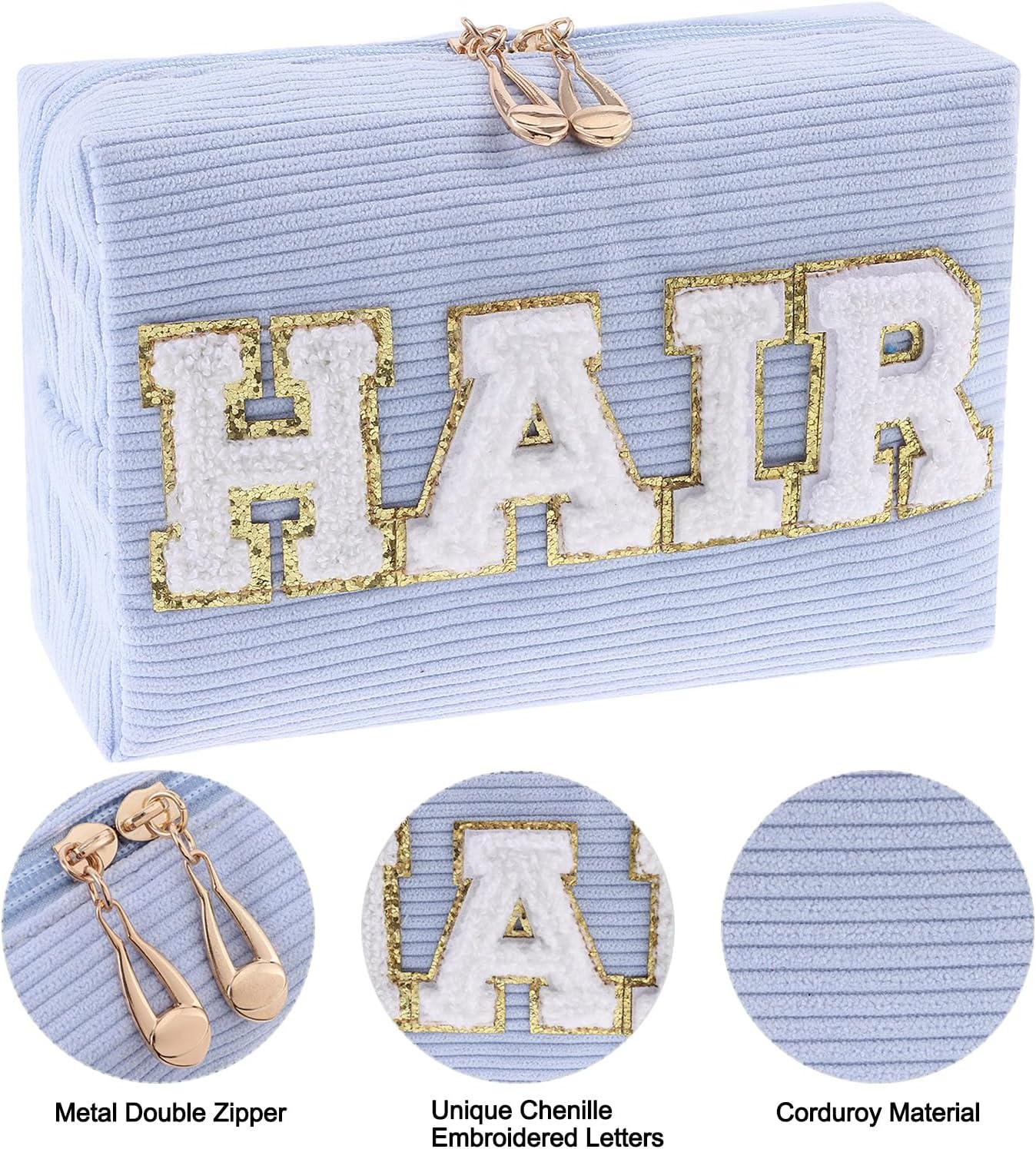 Chenille Glitter Letter Patch Corduroy Cosmetic Bag, Travel Preppy Makeup Bag with Metal Zipper Large Portable Corduroy Pouch with Patch Cute Letters Toiletry Bag for Women (HAIR-Blue) - Image 3