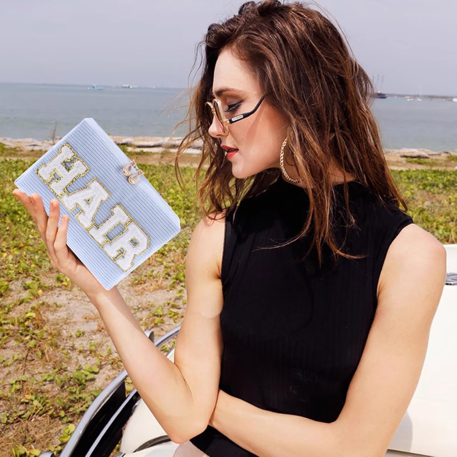 Chenille Glitter Letter Patch Corduroy Cosmetic Bag, Travel Preppy Makeup Bag with Metal Zipper Large Portable Corduroy Pouch with Patch Cute Letters Toiletry Bag for Women (HAIR-Blue) - Image 2