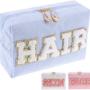 Chenille Glitter Letter Patch Corduroy Cosmetic Bag, Travel Preppy Makeup Bag with Metal Zipper Large Portable Corduroy Pouch with Patch Cute Letters Toiletry Bag for Women (HAIR-Blue)