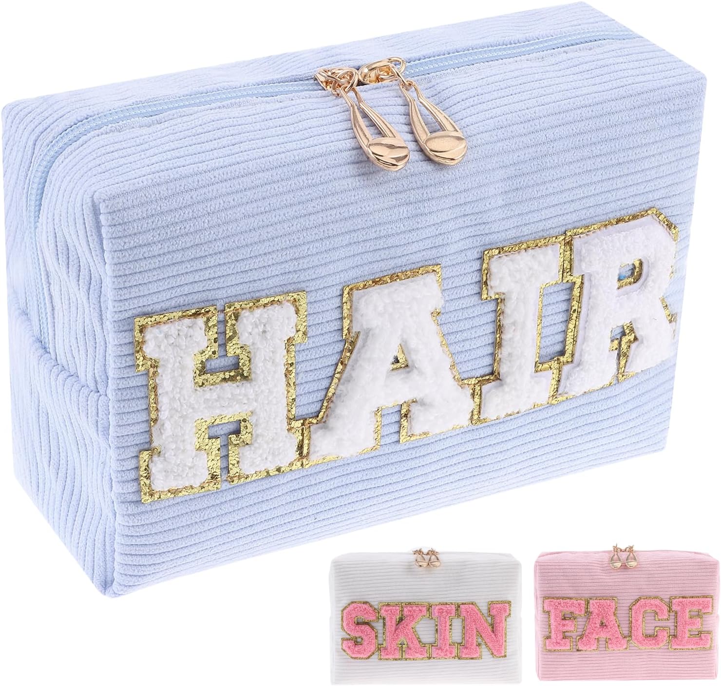 Chenille Glitter Letter Patch Corduroy Cosmetic Bag, Travel Preppy Makeup Bag with Metal Zipper Large Portable Corduroy Pouch with Patch Cute Letters Toiletry Bag for Women (HAIR-Blue)