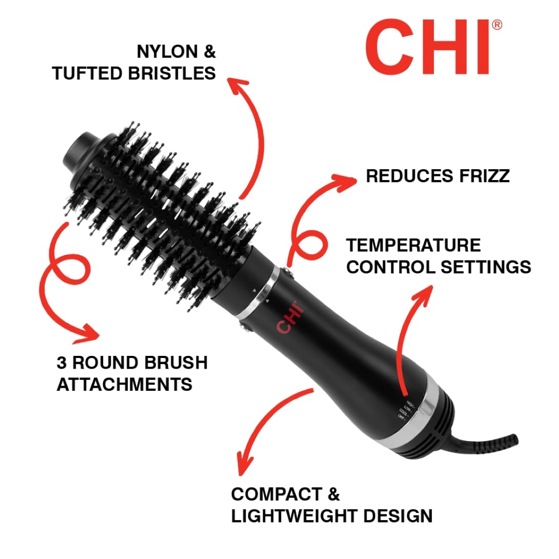 CHI 3-in-1 Round Blowout Brush, Hair Dryer Brush For Smooth, Frizz-Free Hair, 3 Interchangeable Brush Heads & Adjustable Heat Settings - Image 3