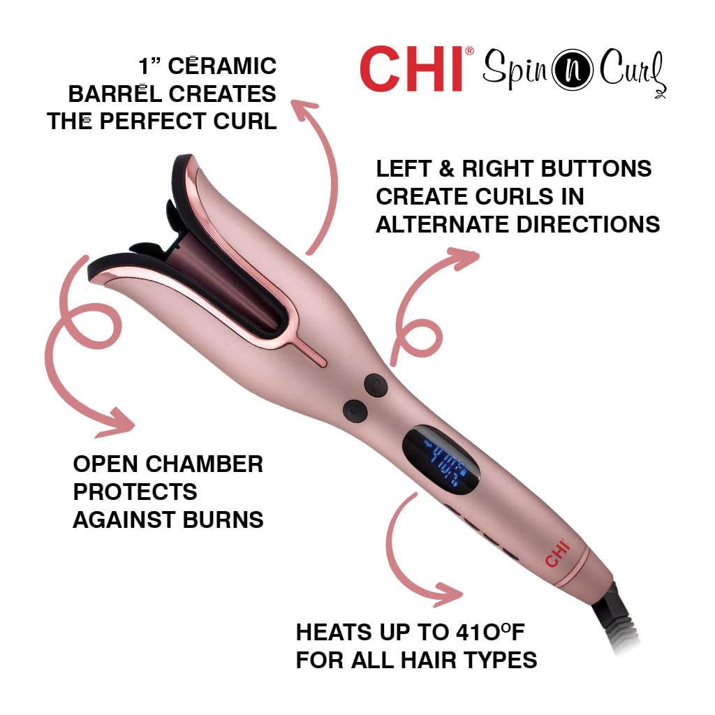 CHI Spin N Curl, Curling Iron For Healthy & Shiny Effortless Curls & Waves, Provides Preset Temperature Settings For Each Hair Texture, Rose Gold - Image 2