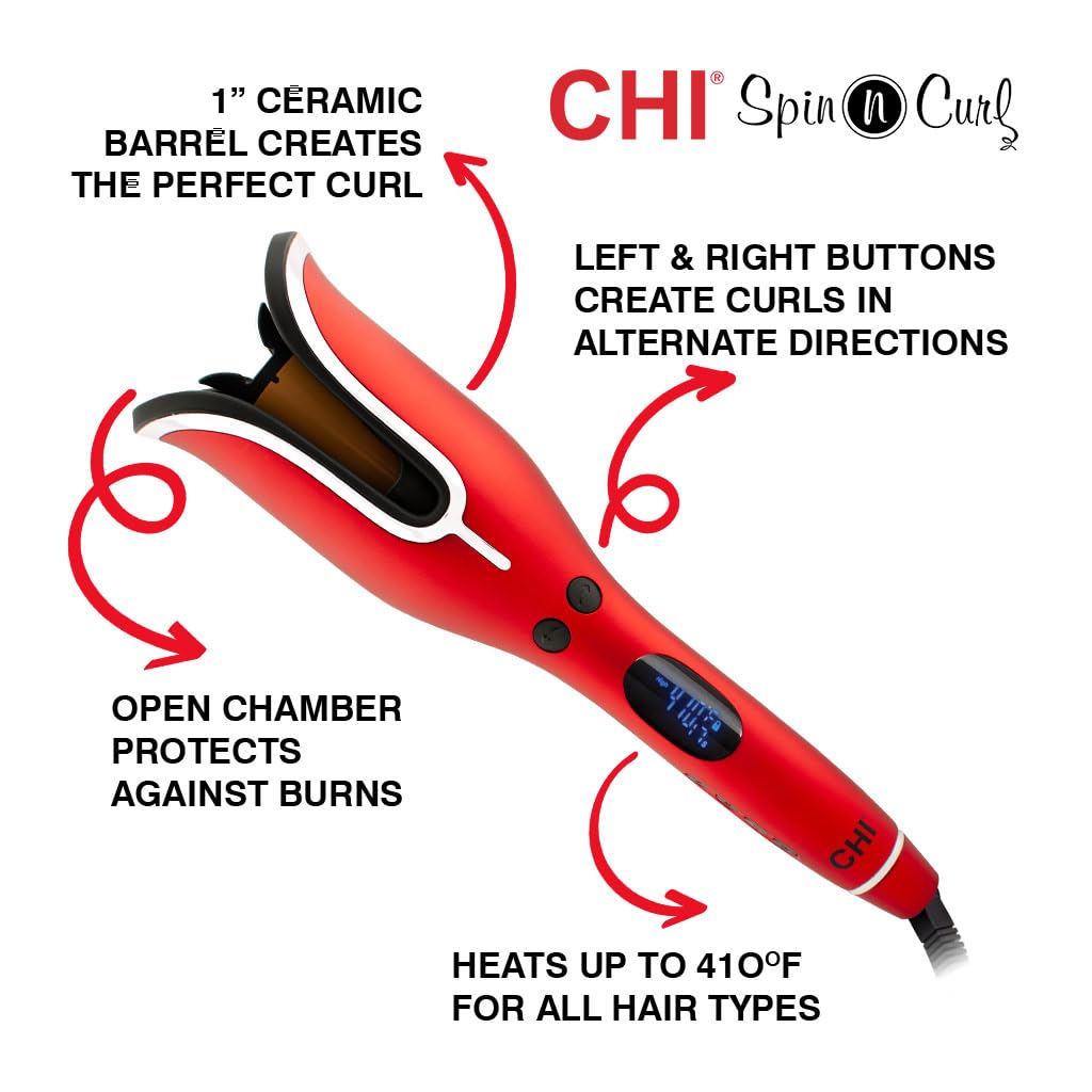 CHI Spin N Curl, Curling Iron For Healthy & Shiny Effortless Curls & Waves, Provides Preset Temperature Settings For Each Hair Texture, Ruby Red - Image 2