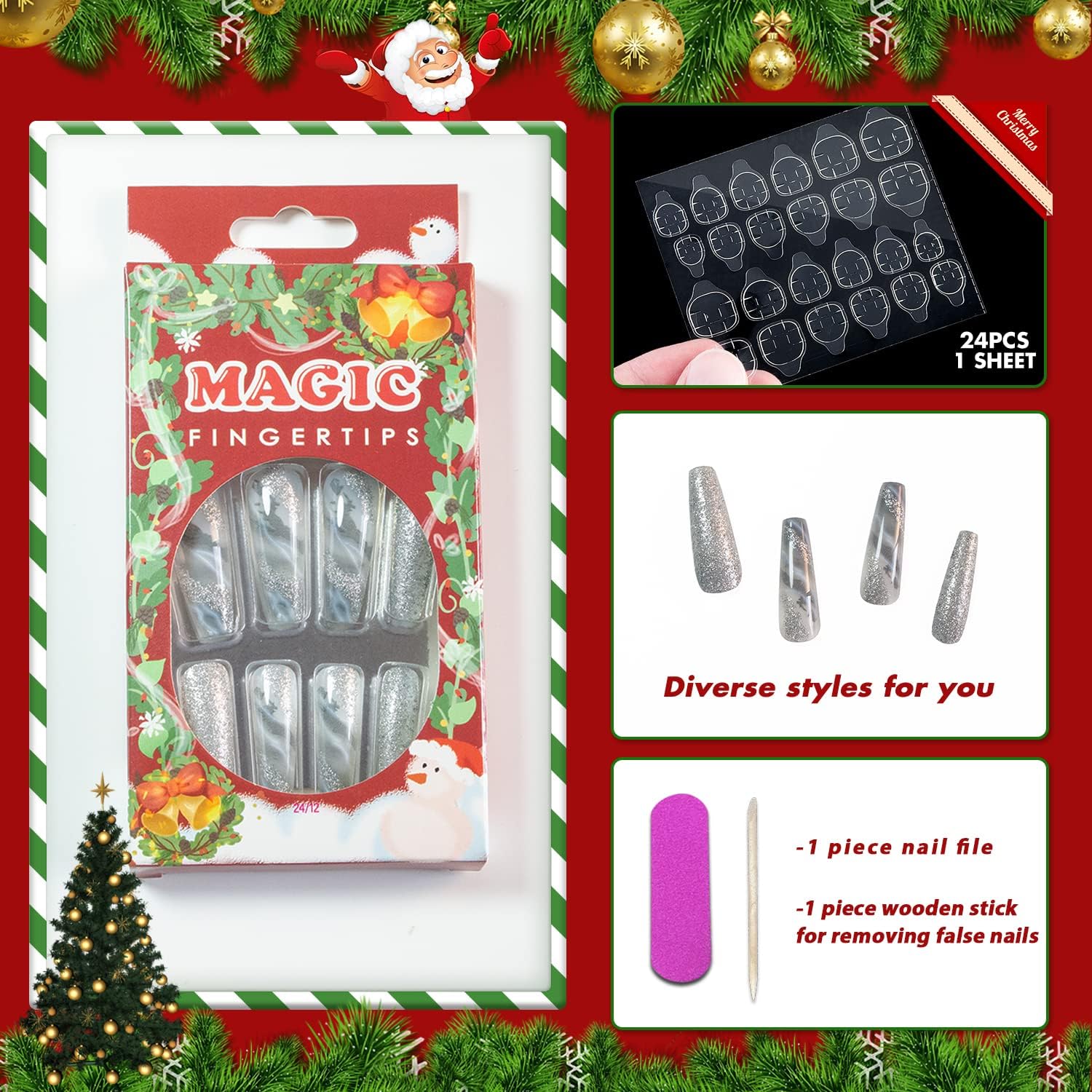 Christmas Marble Press on Nails Extra Long Coffin,KQueenest Ballet Fake Nails Embellished Sliver Glitter Sequins Designs,Acrylic Nails Full Cover Stick on Nails Set For Women Christmas Decor - Image 4