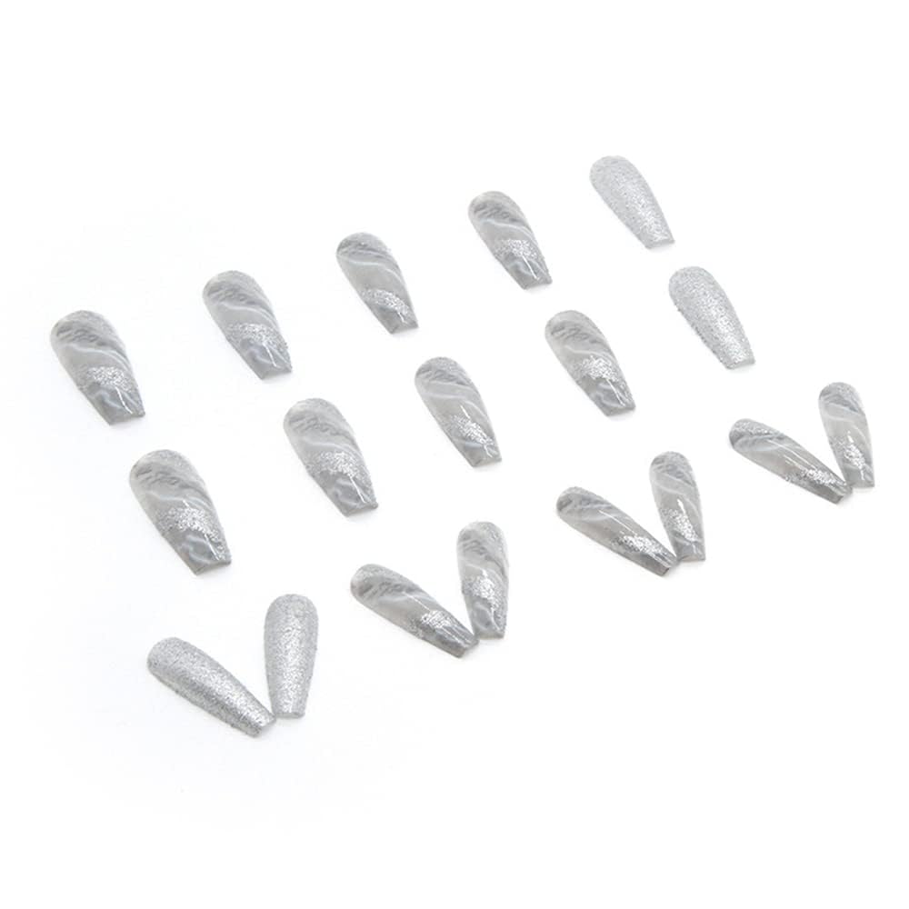 Christmas Marble Press on Nails Extra Long Coffin,KQueenest Ballet Fake Nails Embellished Sliver Glitter Sequins Designs,Acrylic Nails Full Cover Stick on Nails Set For Women Christmas Decor - Image 2
