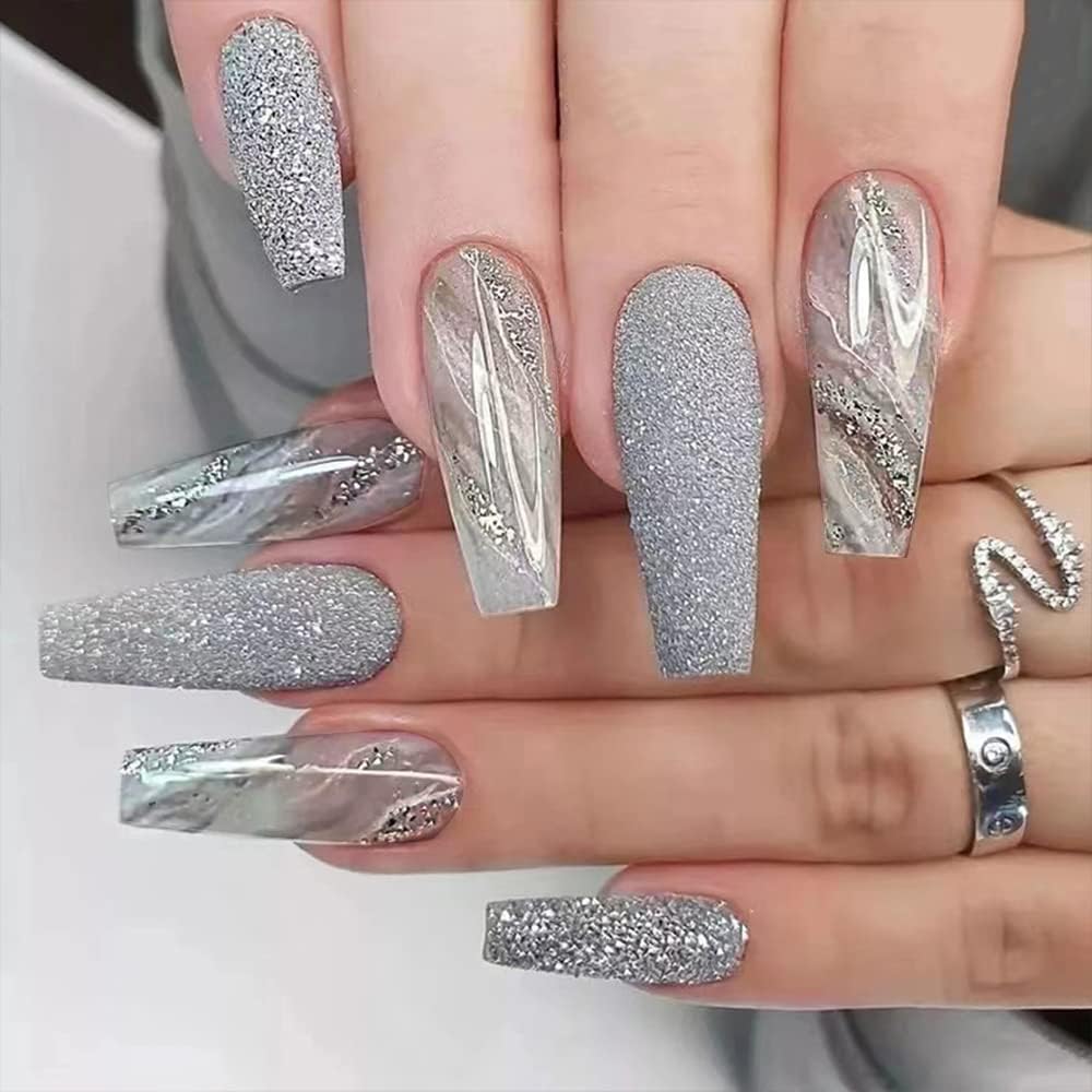 Christmas Marble Press on Nails Extra Long Coffin,KQueenest Ballet Fake Nails Embellished Sliver Glitter Sequins Designs,Acrylic Nails Full Cover Stick on Nails Set For Women Christmas Decor