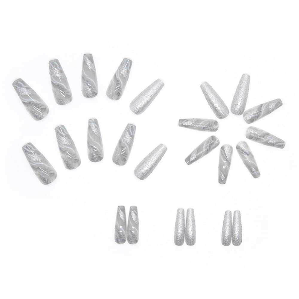 Christmas Marble Press on Nails Extra Long Coffin,KQueenest Ballet Fake Nails Embellished Sliver Glitter Sequins Designs,Acrylic Nails Full Cover Stick on Nails Set For Women Christmas Decor - Image 3