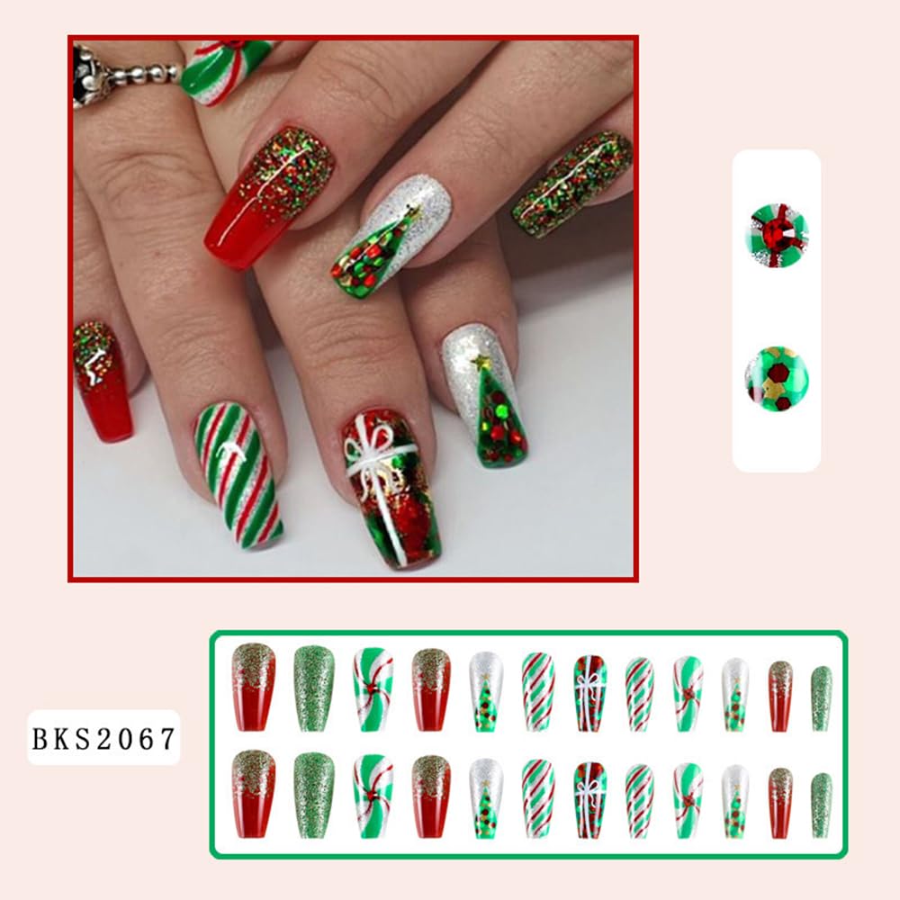 Christmas Press on Nails Medium Square Fake Nails Green Xmas Tree Red Artificial Fingernails Medium False Nails Glitter Sequins Nail Design for Women Nails Christmas Decorations Supplies 24Pcs - Image 2