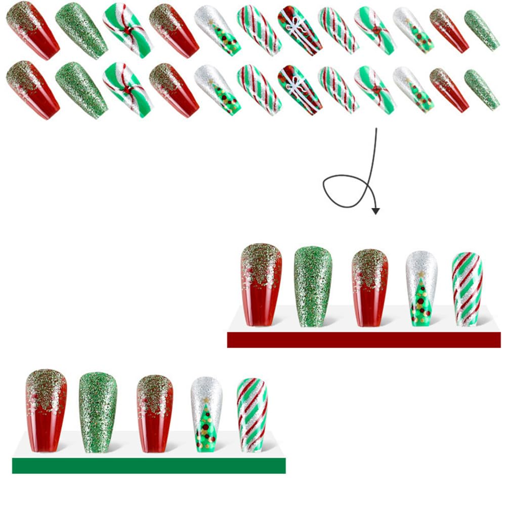 Christmas Press on Nails Medium Square Fake Nails Green Xmas Tree Red Artificial Fingernails Medium False Nails Glitter Sequins Nail Design for Women Nails Christmas Decorations Supplies 24Pcs - Image 5
