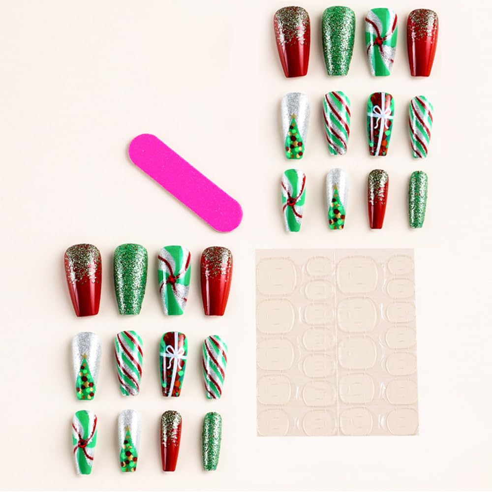 Christmas Press on Nails Medium Square Fake Nails Green Xmas Tree Red Artificial Fingernails Medium False Nails Glitter Sequins Nail Design for Women Nails Christmas Decorations Supplies 24Pcs - Image 4