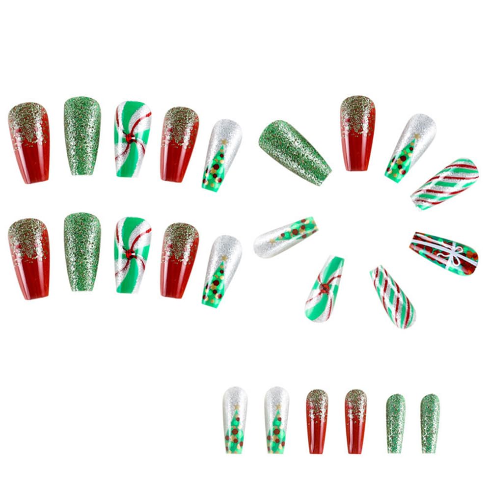 Christmas Press on Nails Medium Square Fake Nails Green Xmas Tree Red Artificial Fingernails Medium False Nails Glitter Sequins Nail Design for Women Nails Christmas Decorations Supplies 24Pcs - Image 3