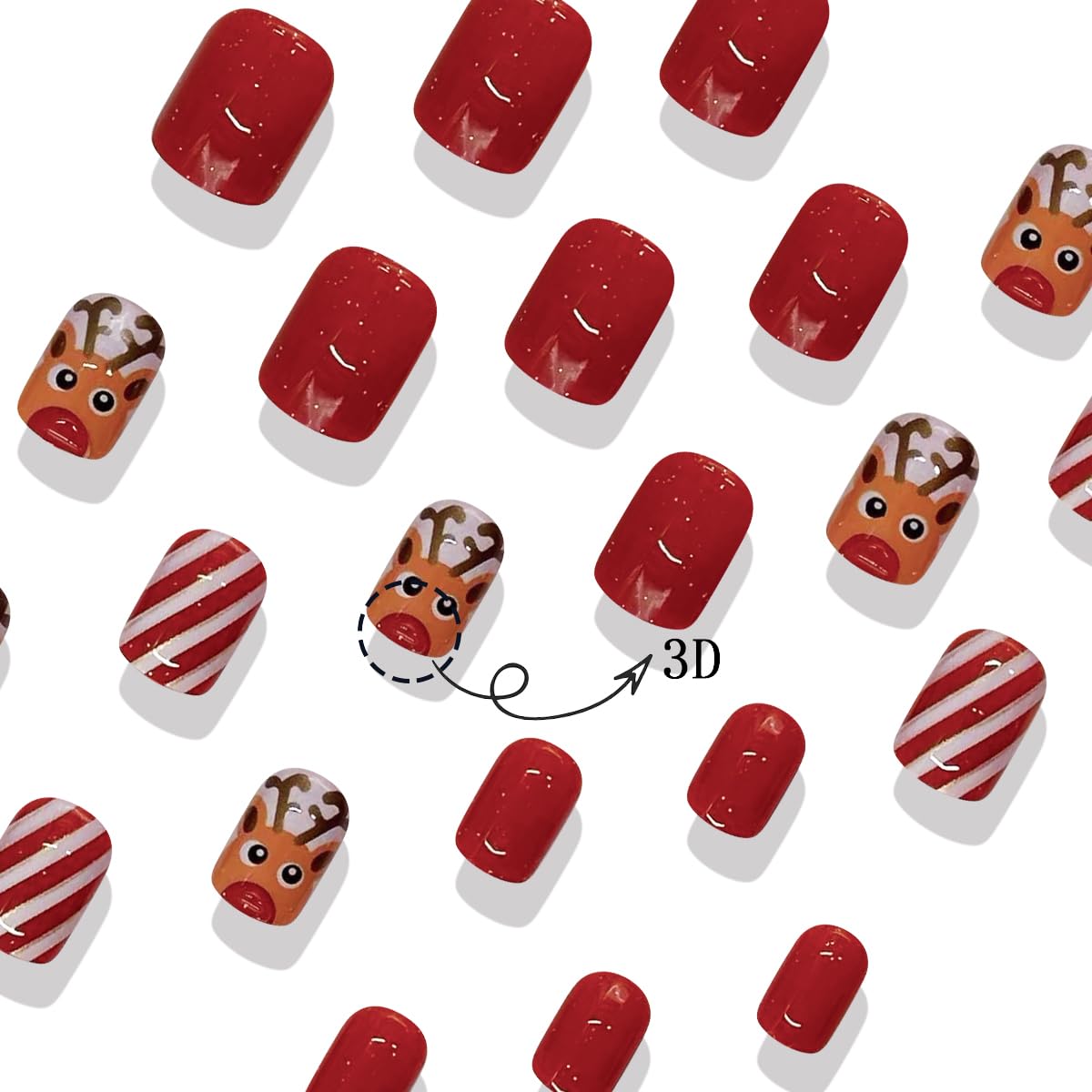 Christmas Press on Nails Short Christmas Fake Nails Cute Reindeer Acrylic Nails with Red Stripe Design Christmas Glue on Nails Winter Stick on Nails Full Cover Artificial False Nails for Women 24Pcs - Image 2