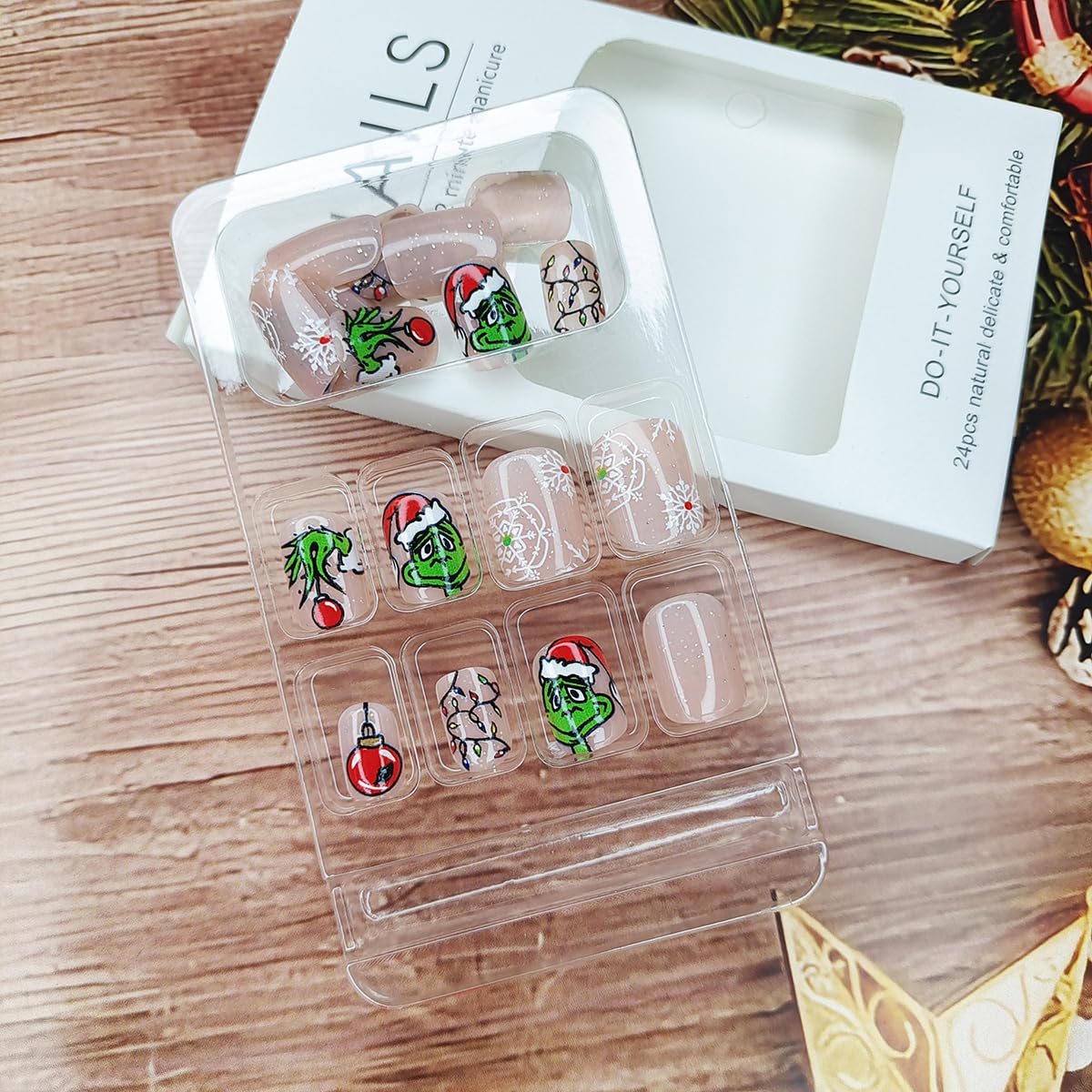 Christmas Press on Nails Short Square Green Monster With Xmas Light Strip Snowflake Glitter Design Holiday Acrylic False Nails for Women DIY 24Pcs - Image 4