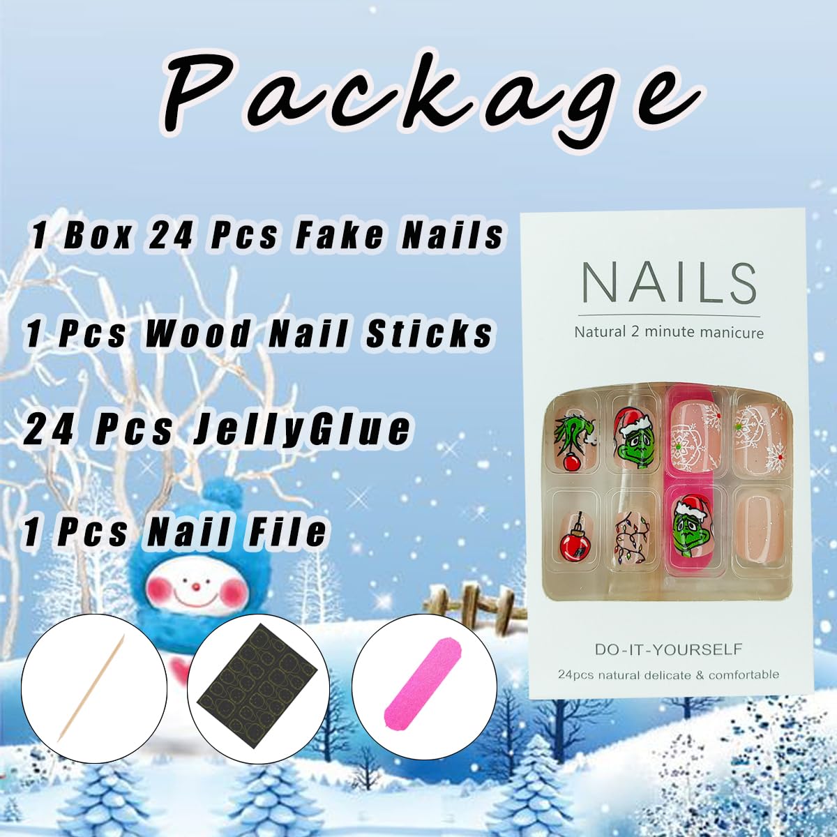 Christmas Press on Nails Short Square Green Monster With Xmas Light Strip Snowflake Glitter Design Holiday Acrylic False Nails for Women DIY 24Pcs - Image 5