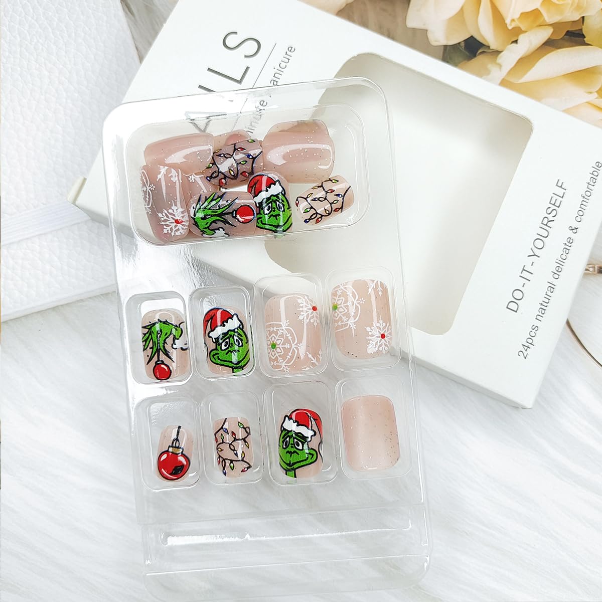 Christmas Press on Nails Short Square Green Monster With Xmas Light Strip Snowflake Glitter Design Holiday Acrylic False Nails for Women DIY 24Pcs - Image 3