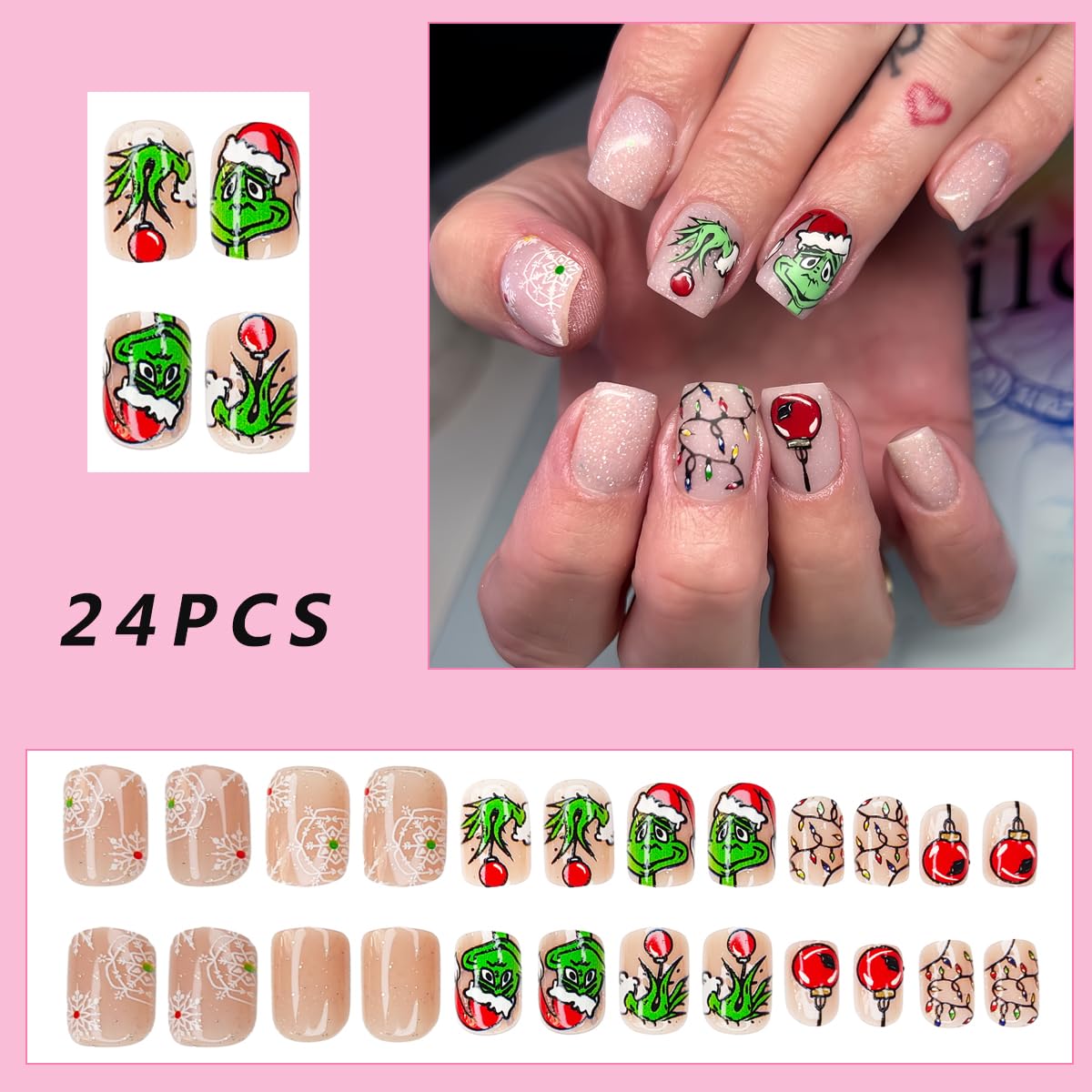 Christmas Press on Nails Short Square Green Monster With Xmas Light Strip Snowflake Glitter Design Holiday Acrylic False Nails for Women DIY 24Pcs - Image 2
