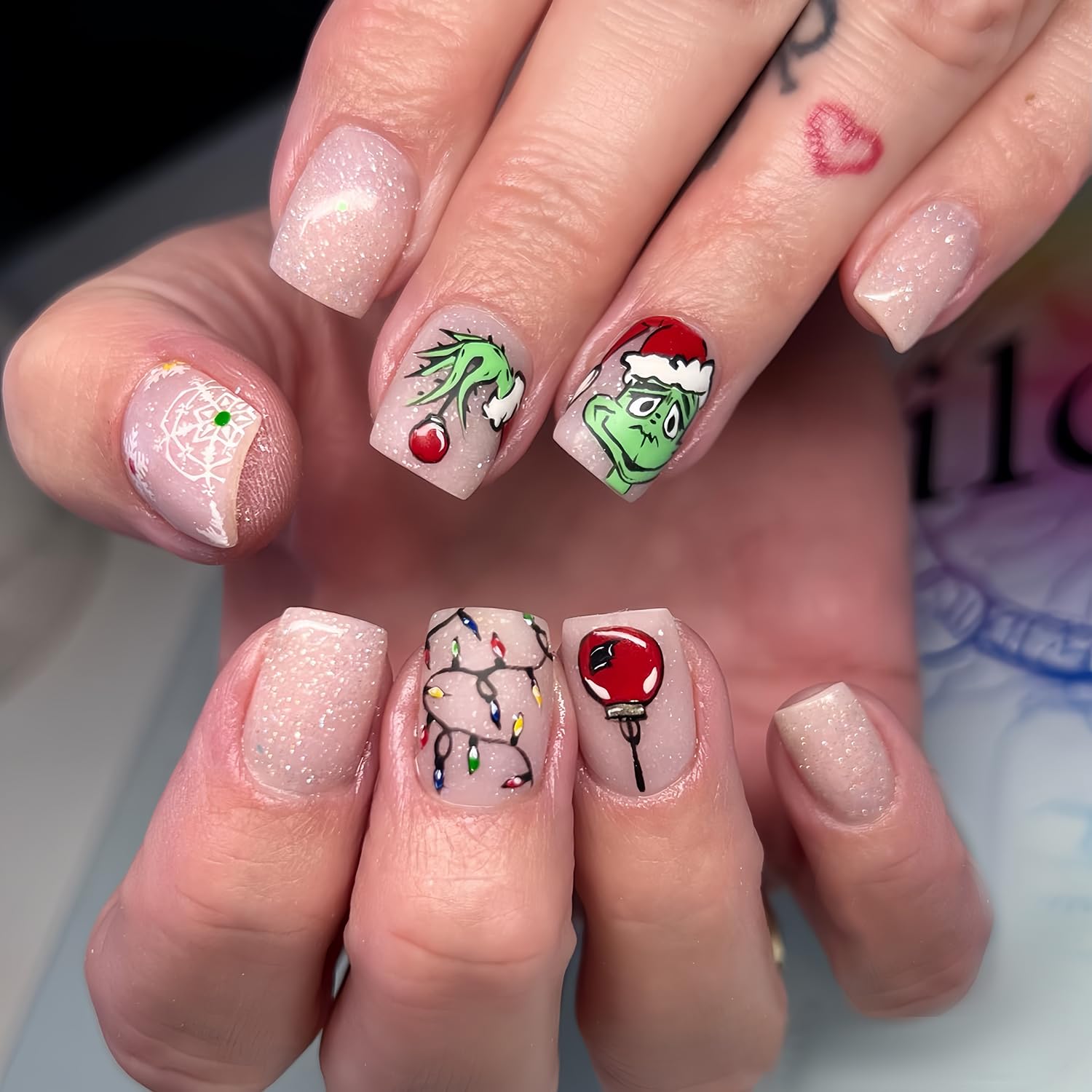 Christmas Press on Nails Short Square Green Monster With Xmas Light Strip Snowflake Glitter Design Holiday Acrylic False Nails for Women DIY 24Pcs
