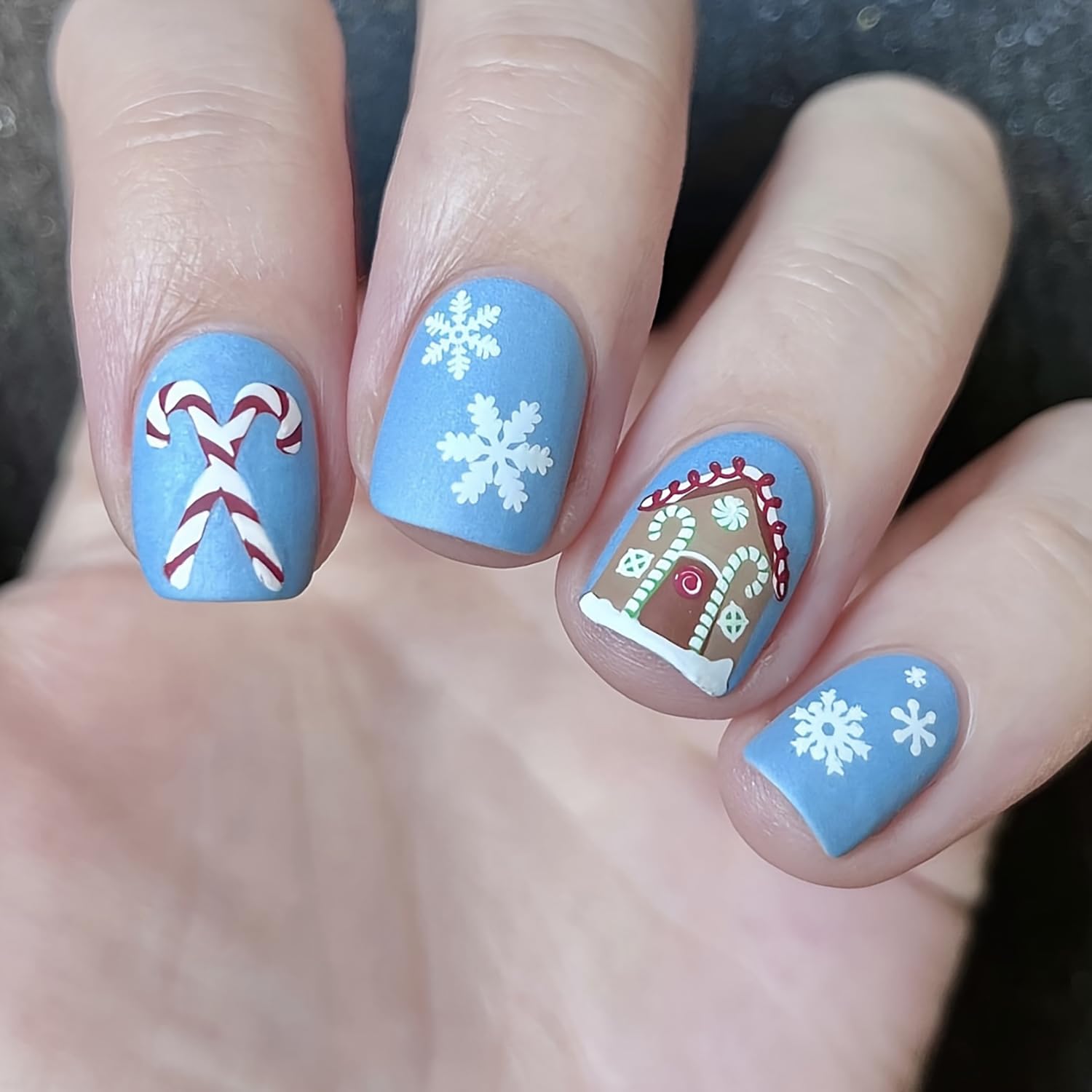 Christmas Press on Nails Short Square RIICFDD Light Blue Fake Nails with Snowflake ＆ Candy Designs Xmas Acrylic Nails Cute Pattern Full Cover False Nails Stick on Nails for Women Girls 24 Pcs