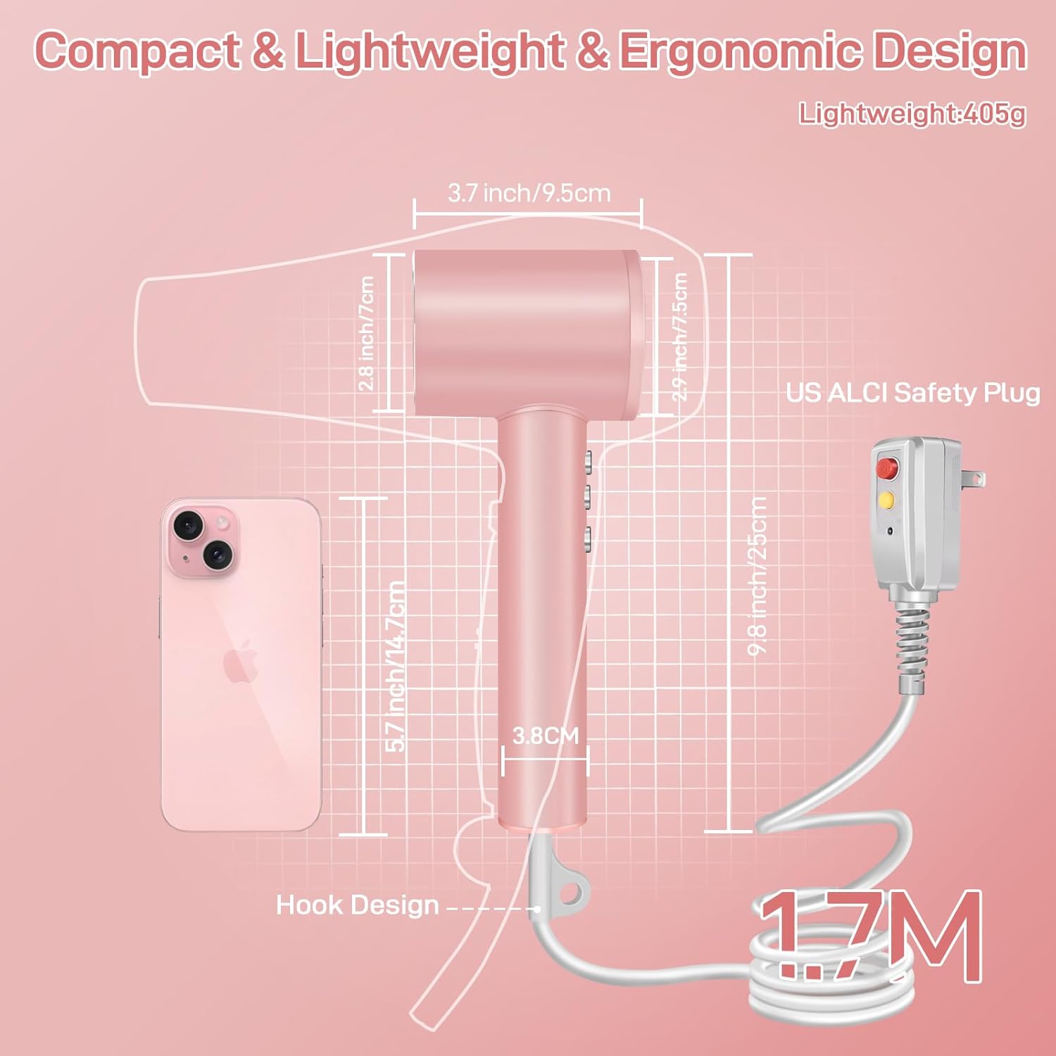 CIICII Negative Ionic Hair Dryer Professional, 120000RPM High Speed Blow Dryer (1600W Brushless/ 3-Speed/ 4-Temp & HD Display & Portable Bag) Fast Drying Hairdryer for Home, Travel & Salon (Pink) - Image 7