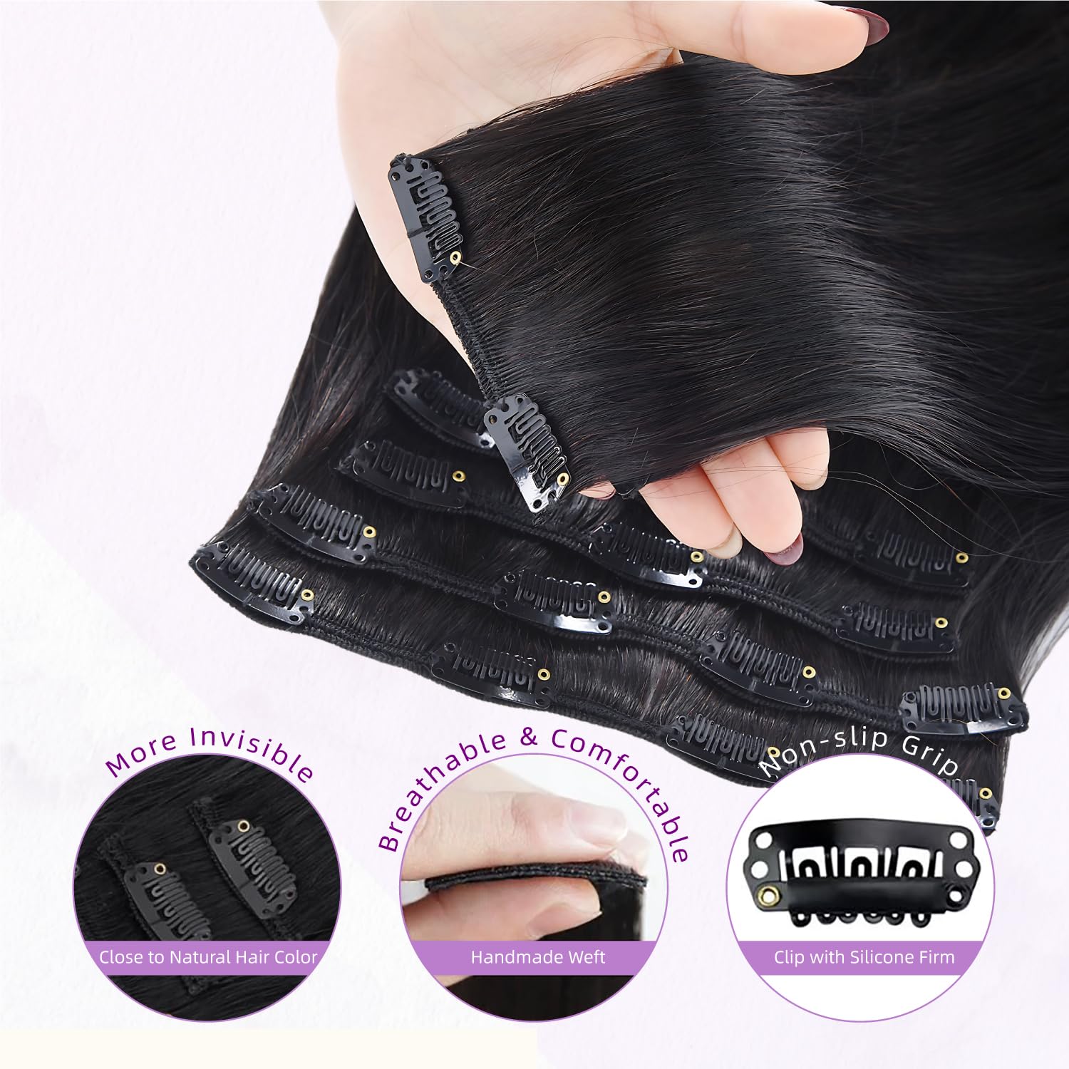 Clip in Hair Extensions Real Human Hair,100% Brazilian Remy Human Hair Extensions for Women,1B Natural Black 8pcs Per Set with Double Weft,20inch 105g,Straight - Image 4