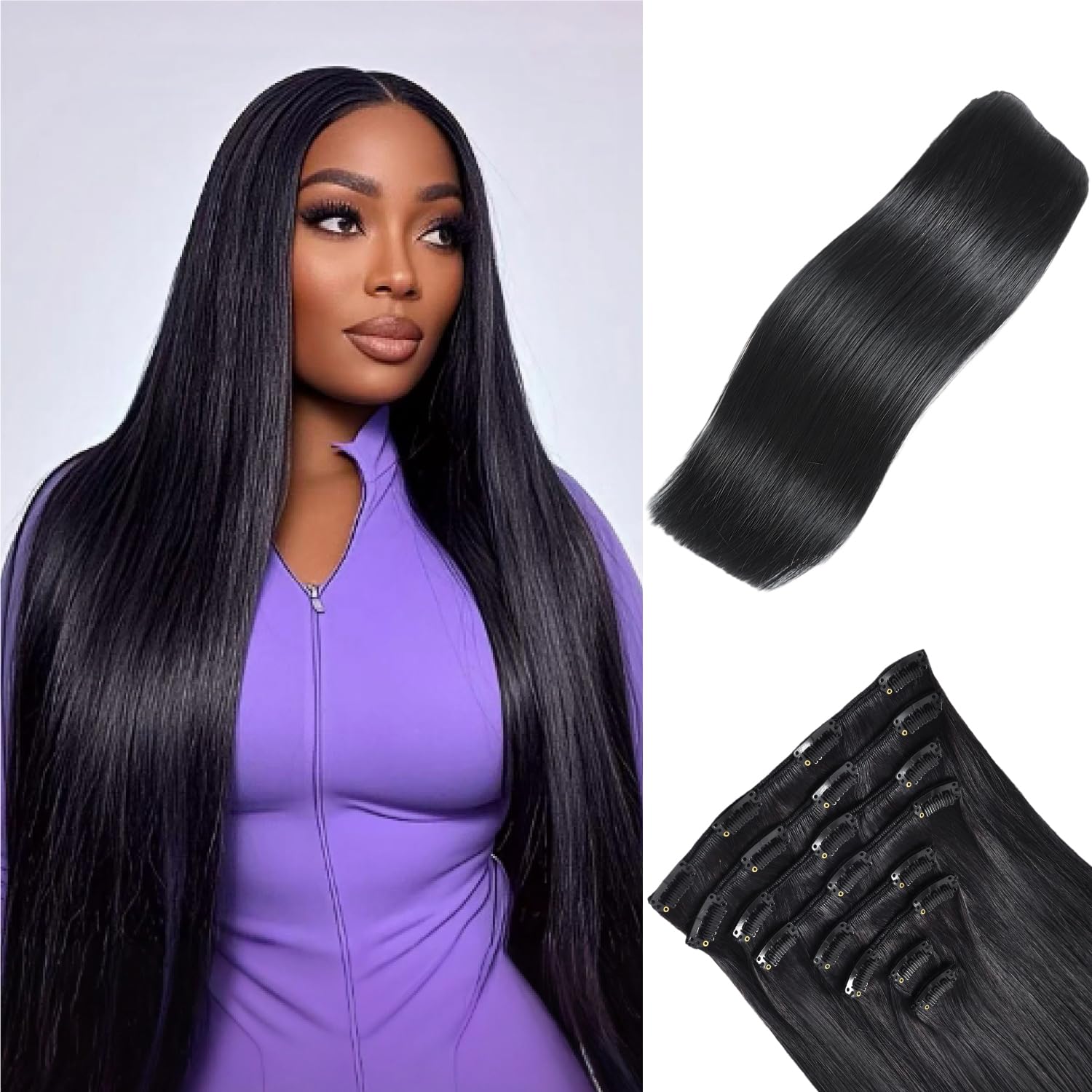 Clip in Hair Extensions Real Human Hair,100% Brazilian Remy Human Hair Extensions for Women,1B Natural Black 8pcs Per Set with Double Weft,20inch 105g,Straight