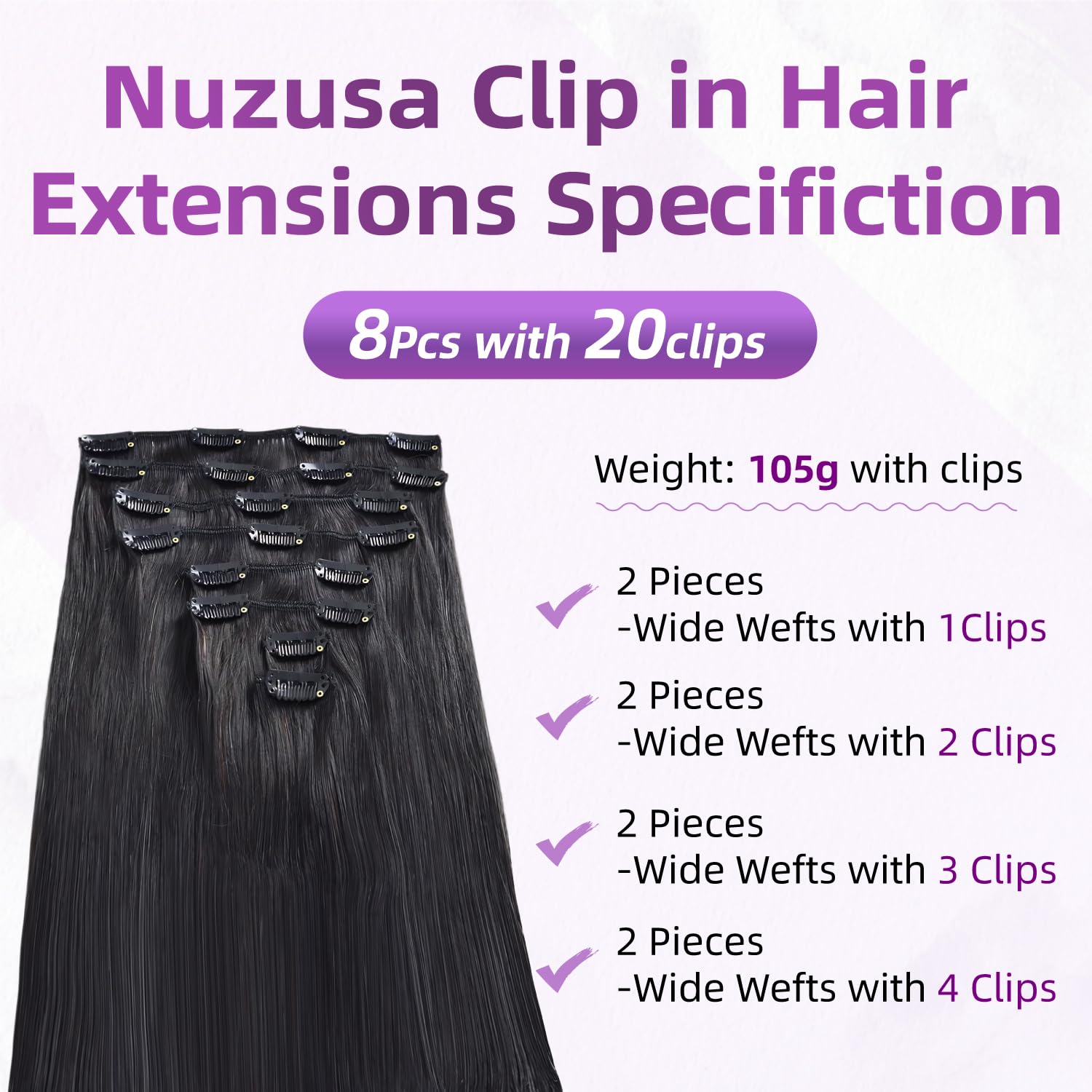 Clip in Hair Extensions Real Human Hair,100% Brazilian Remy Human Hair Extensions for Women,1B Natural Black 8pcs Per Set with Double Weft,20inch 105g,Straight - Image 2