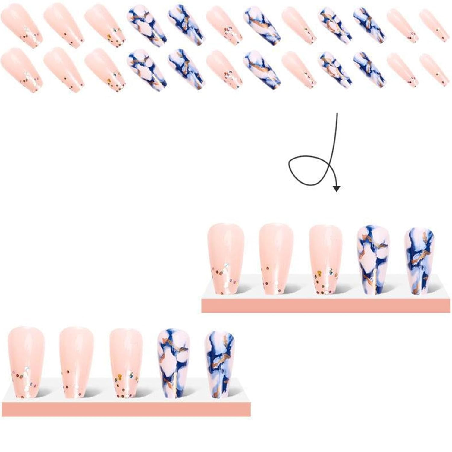 Coffin Press on Nails Medium Length Fake Nails Artificial False Nails with Blue Marble & Sequins Designs Glossy Acrylic Nails Nude Full Cover Glue on Nails for Women 24 Pcs - Image 4