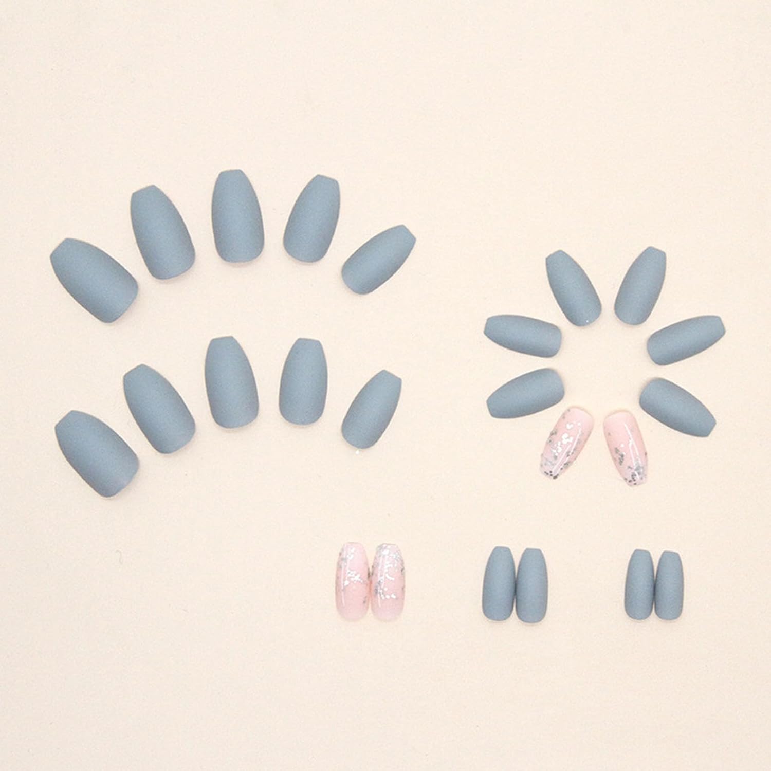 Coffin Press on Nails Short Fake Nails with Glitter Sequins Designs Acrylic Nails Press ons Matte Glue on Nails Grey Blue Full Cover Artificial Stick on Nails for Women 24Pcs - Image 2