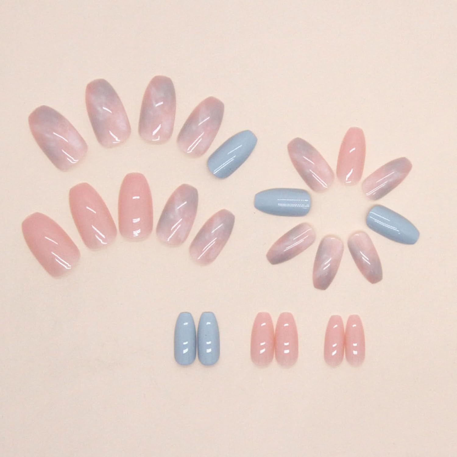 Coffin Press on Nails Short Fake Nails with Marble Designs Acrylic Nails Press ons Glossy Glue on Nails Light Blue Full Cover Artificial Stick on Nails for Women 24Pcs - Image 2