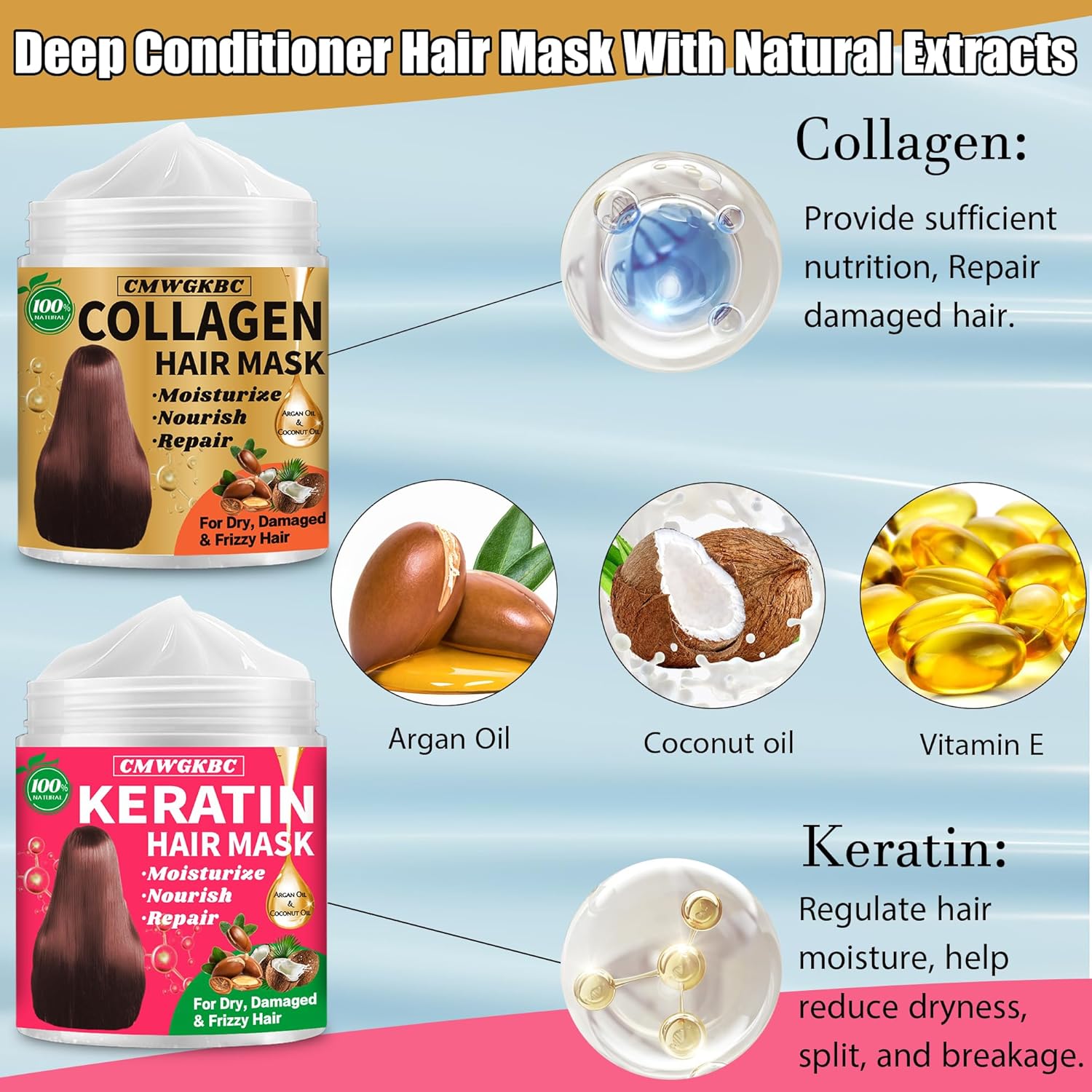 Collagen Hair Mask & Keratin Hair Mask for Damaged Hair,Keratin Hair Treatment,Repair Deep Conditioner for Dry Hair,Vitamin E Natural Hydrating Hair Mask with Argan Oil All Hair Type,Hair Care Gifts - Image 2