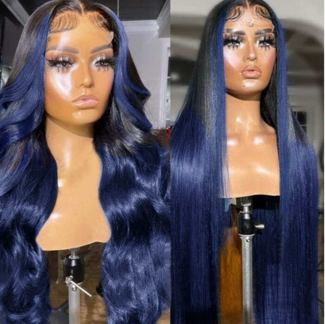 Colorful Bird Ombre Blue Lace Front Wigs Human Hair Body Wave 13x4 Skunk Stripe Royal Blue Lace Front Wigs 150% 1B/blue Ombre Highlight HD Lace Front Wig Human Hair Pre Plucked with Baby Hair 18 inch - Image 3