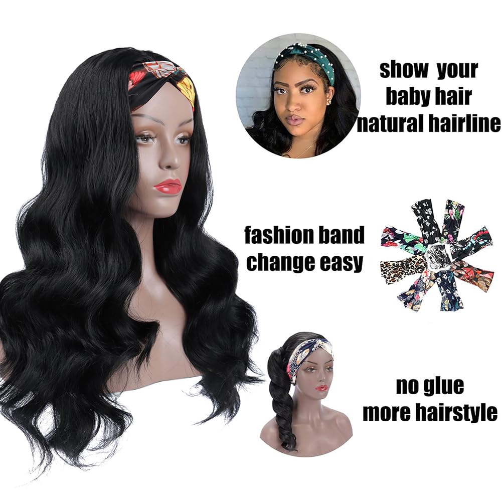 Colorful Queen Glueless Headband Wig Long Black Body Wave Headband Wigs for Black Women Synthetic Natural Looking Wavy Wig Heat Resistant 180% Density (26inch, 1B#) - Image 2